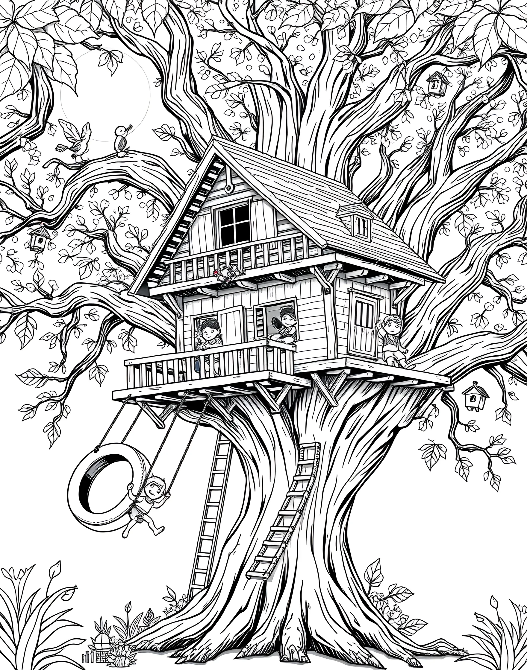 Summer Treehouse Hideaway Coloring Page -- prompt: "Children playing in and around a treehouse in a large oak tree with a tire swing." -- Climb into childhood nostalgia with this charming treehouse scene. A elaborate treehouse sits in a big oak tree, complete with a rope ladder and tire swing. Kids play around the tree, enjoying the ultimate summer hangout spot.