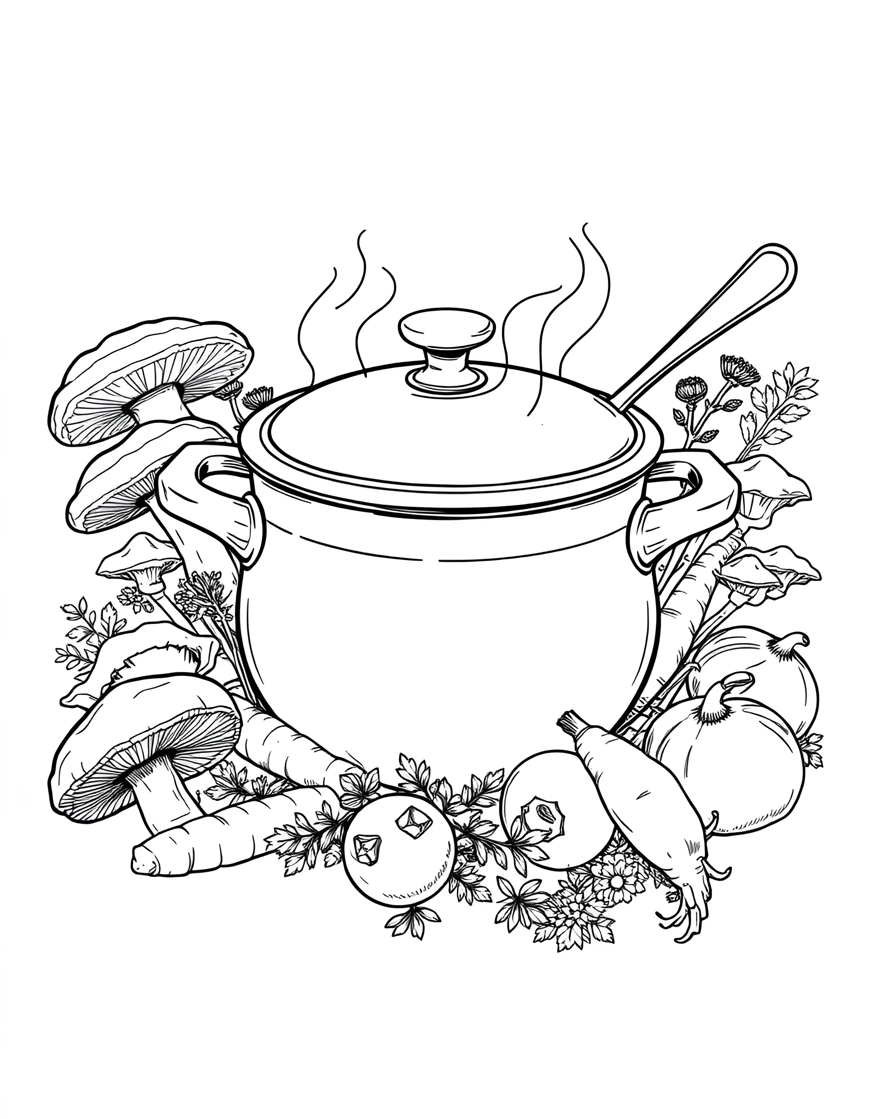 Mushroom Soup Ingredients Coloring Page -- prompt: "A cooking pot surrounded by various types of edible mushrooms, herbs, and other soup ingredients." -- Celebrate the culinary side of mushrooms with this appetizing soup ingredients coloring page. A large pot surrounded by various edible mushrooms and herbs sets the scene for a delicious meal. This page is great for food lovers and those interested in the gastronomic uses of mushrooms.