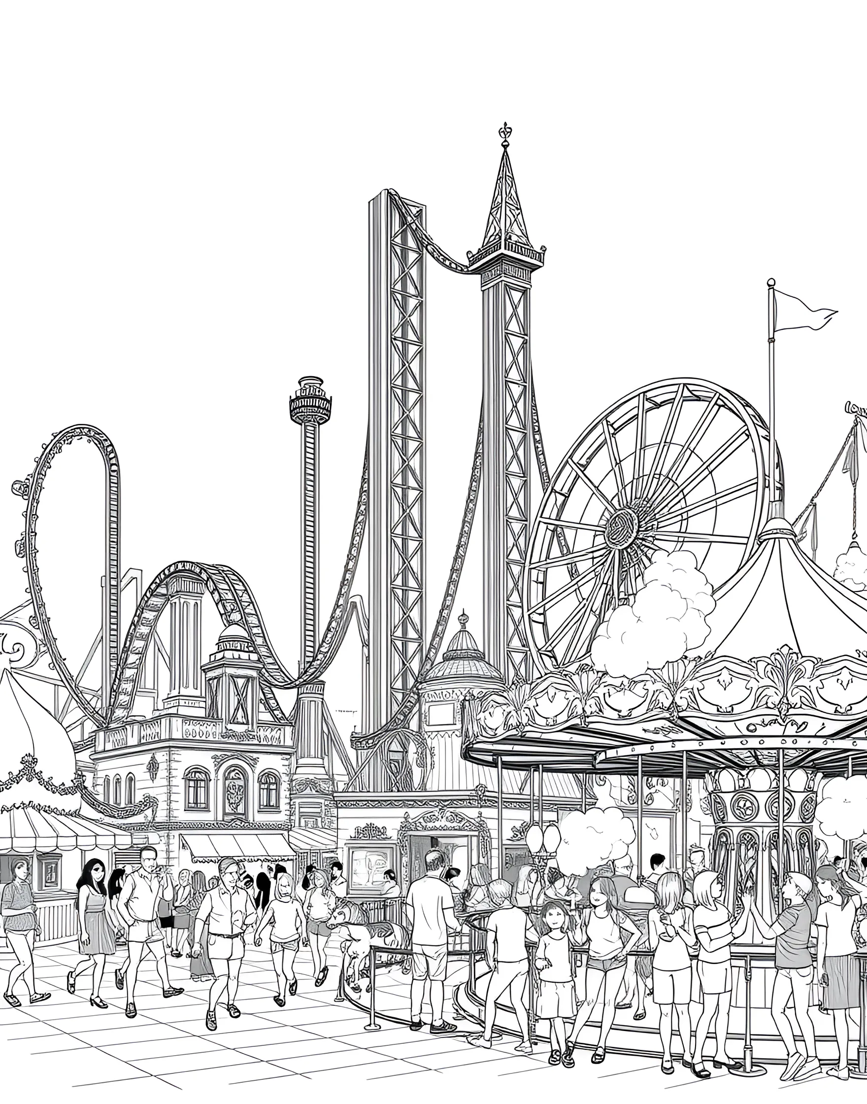 Summertime Amusement Park Coloring Page -- prompt: "A bustling amusement park with roller coasters, carousels, and visitors enjoying the rides." -- Experience the thrill of summer fun with this exciting amusement park scene. Roller coasters, carousels, and game booths fill the page, along with happy visitors enjoying the attractions. This coloring page captures the energy and excitement of summer outings.