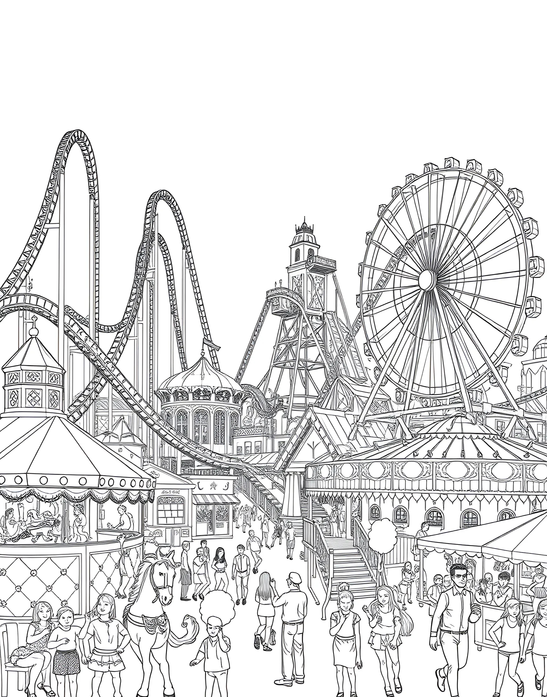 Summertime Amusement Park Coloring Page -- prompt: "A bustling amusement park with roller coasters, carousels, and visitors enjoying the rides." -- Experience the thrill of summer fun with this exciting amusement park scene. Roller coasters, carousels, and game booths fill the page, along with happy visitors enjoying the attractions. This coloring page captures the energy and excitement of summer outings.