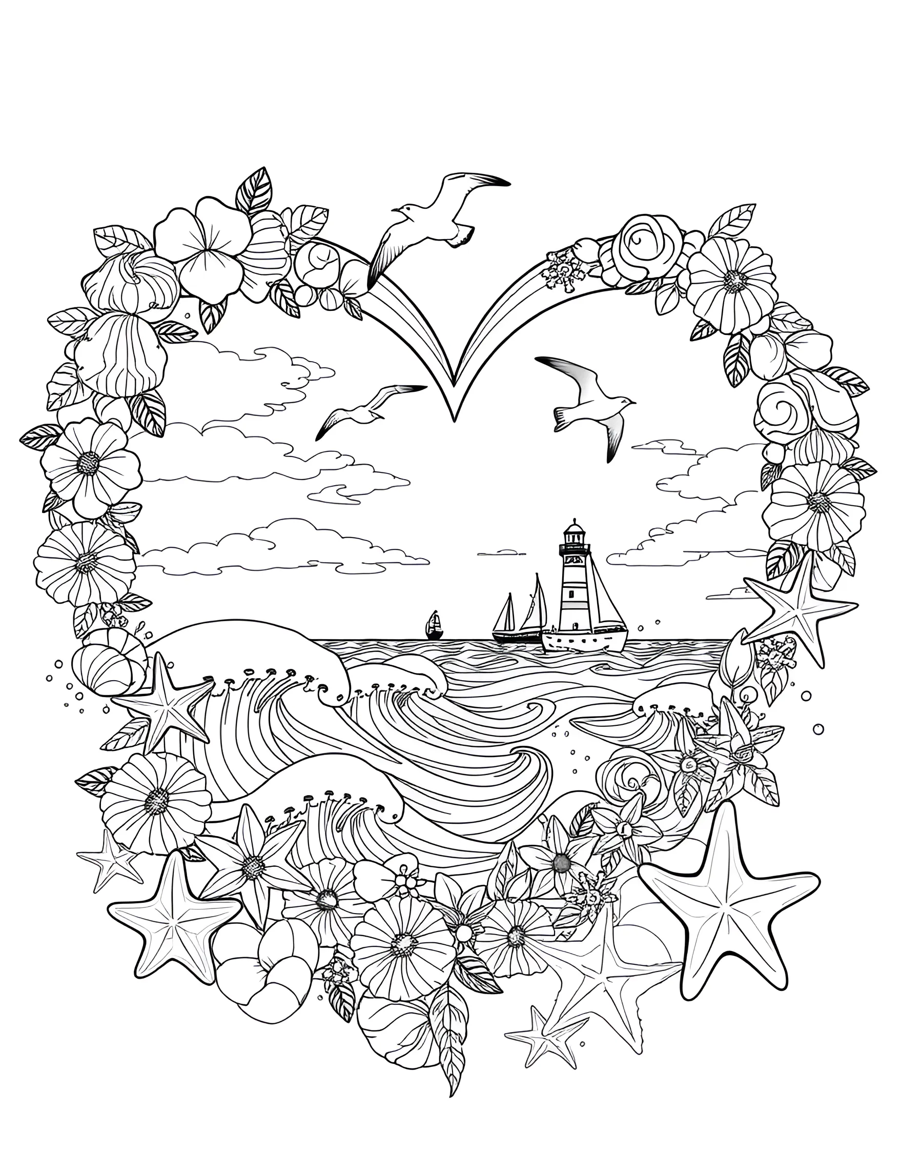 Seaside Love Heart Coloring Page -- prompt: "A heart filled with a seaside scene including seashells, starfish, waves, and a lighthouse." -- This charming coloring page depicts a heart filled with a whimsical seaside scene. Inside the heart, you'll find elements like seashells, starfish, waves, and a lighthouse, all arranged to create a cohesive coastal theme. This page is perfect for beach lovers and those who associate romance with the serenity of the ocean.