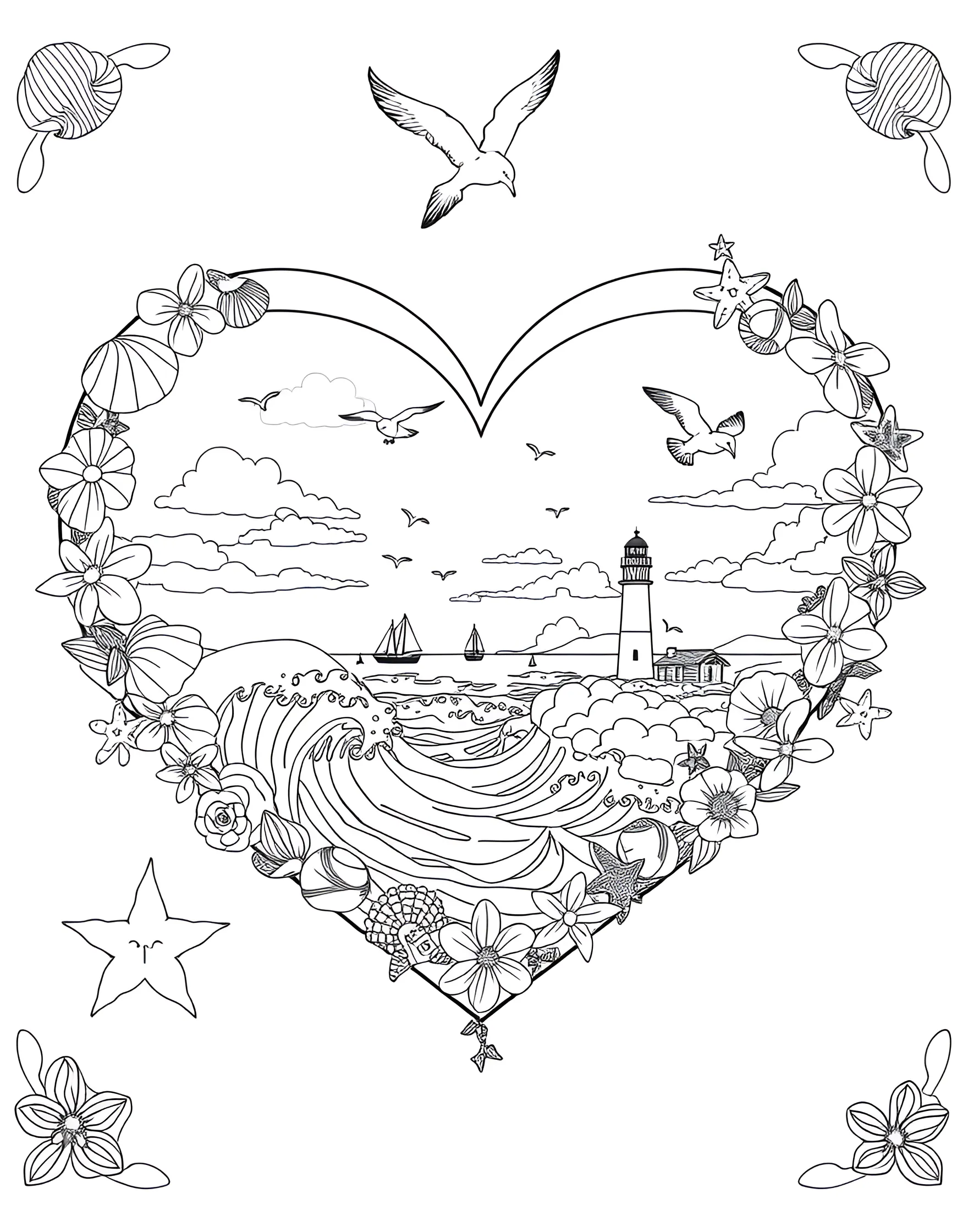 Seaside Love Heart Coloring Page -- prompt: "A heart filled with a seaside scene including seashells, starfish, waves, and a lighthouse." -- This charming coloring page depicts a heart filled with a whimsical seaside scene. Inside the heart, you'll find elements like seashells, starfish, waves, and a lighthouse, all arranged to create a cohesive coastal theme. This page is perfect for beach lovers and those who associate romance with the serenity of the ocean.