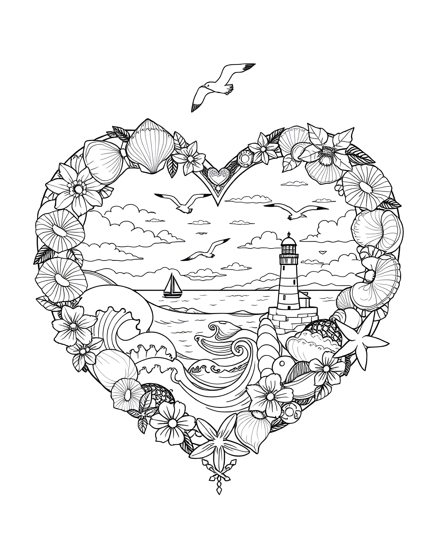 Seaside Love Heart Coloring Page -- prompt: "A heart filled with a seaside scene including seashells, starfish, waves, and a lighthouse." -- This charming coloring page depicts a heart filled with a whimsical seaside scene. Inside the heart, you'll find elements like seashells, starfish, waves, and a lighthouse, all arranged to create a cohesive coastal theme. This page is perfect for beach lovers and those who associate romance with the serenity of the ocean.