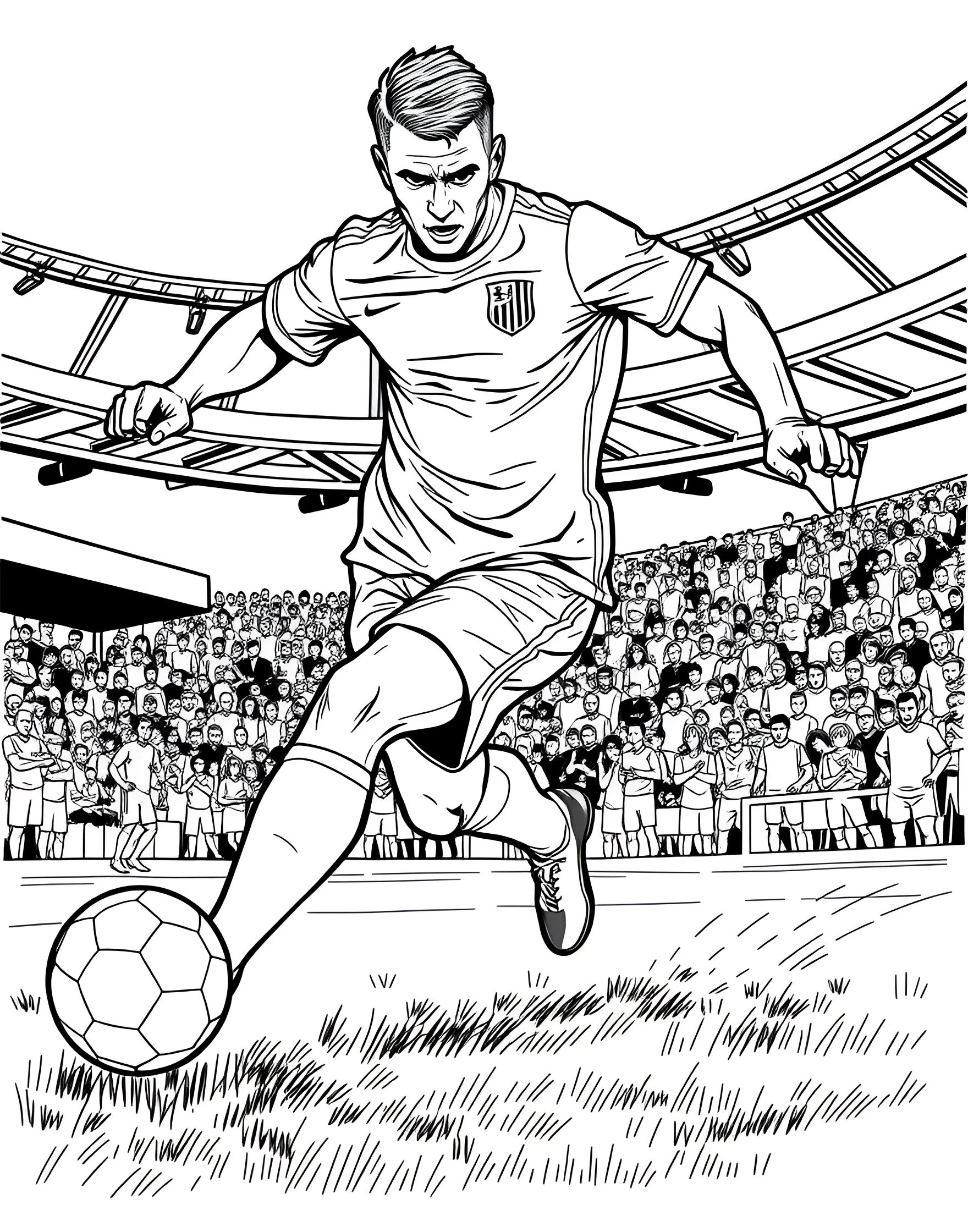 Soccer Player Dribbling Coloring Page -- prompt: "A soccer player in mid-stride, dribbling a ball with intense focus on their face." -- This action-packed coloring page features a skilled player dribbling the ball down the field. The player's determined expression and powerful stance convey the intensity of the game. The detailed soccer uniform and cleats add realism to the scene.