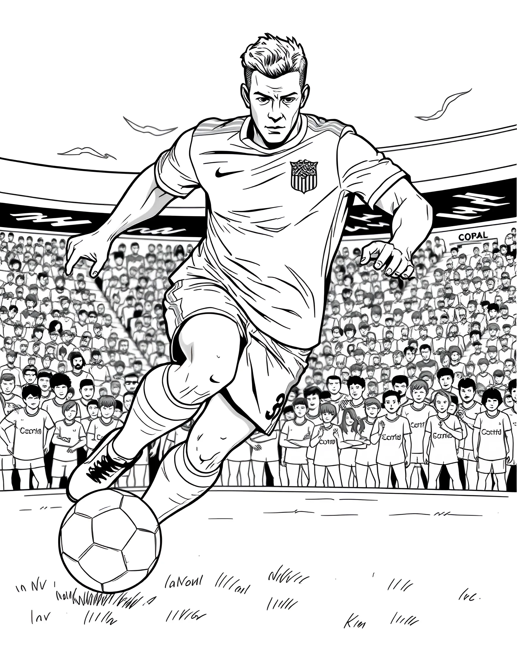 Soccer Player Dribbling Coloring Page -- prompt: "A soccer player in mid-stride, dribbling a ball with intense focus on their face." -- This action-packed coloring page features a skilled player dribbling the ball down the field. The player's determined expression and powerful stance convey the intensity of the game. The detailed soccer uniform and cleats add realism to the scene.