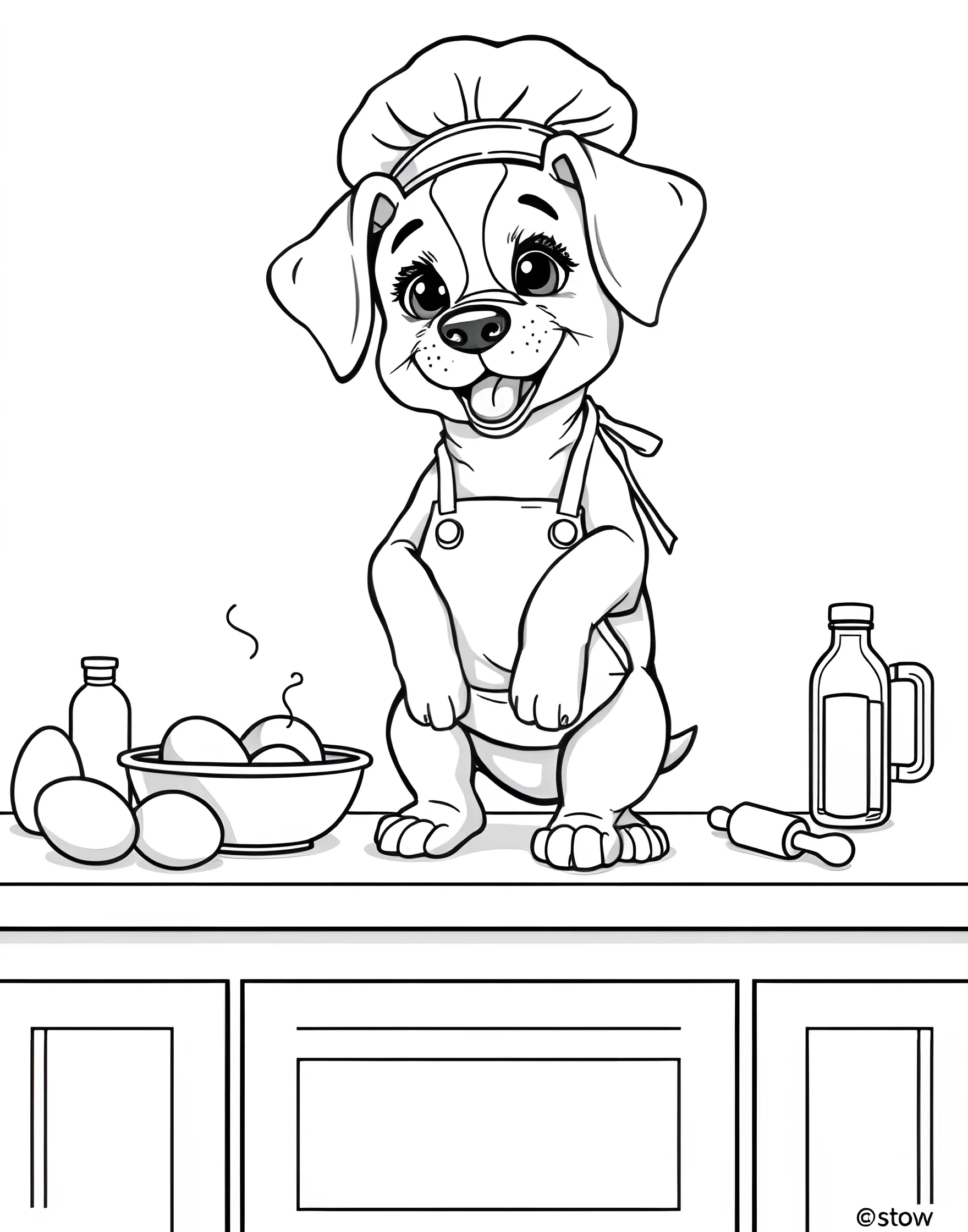 Puppy's Baking Adventure Coloring Page -- prompt: "A puppy wearing a chef's hat, standing on a kitchen counter surrounded by baking ingredients and utensils." -- This delightful coloring page shows a puppy helping out in the kitchen. The pup is wearing a chef's hat and is surrounded by baking ingredients and utensils. It's a sweet scene that captures the joy of creating something delicious, with a puppy's enthusiastic assistance.