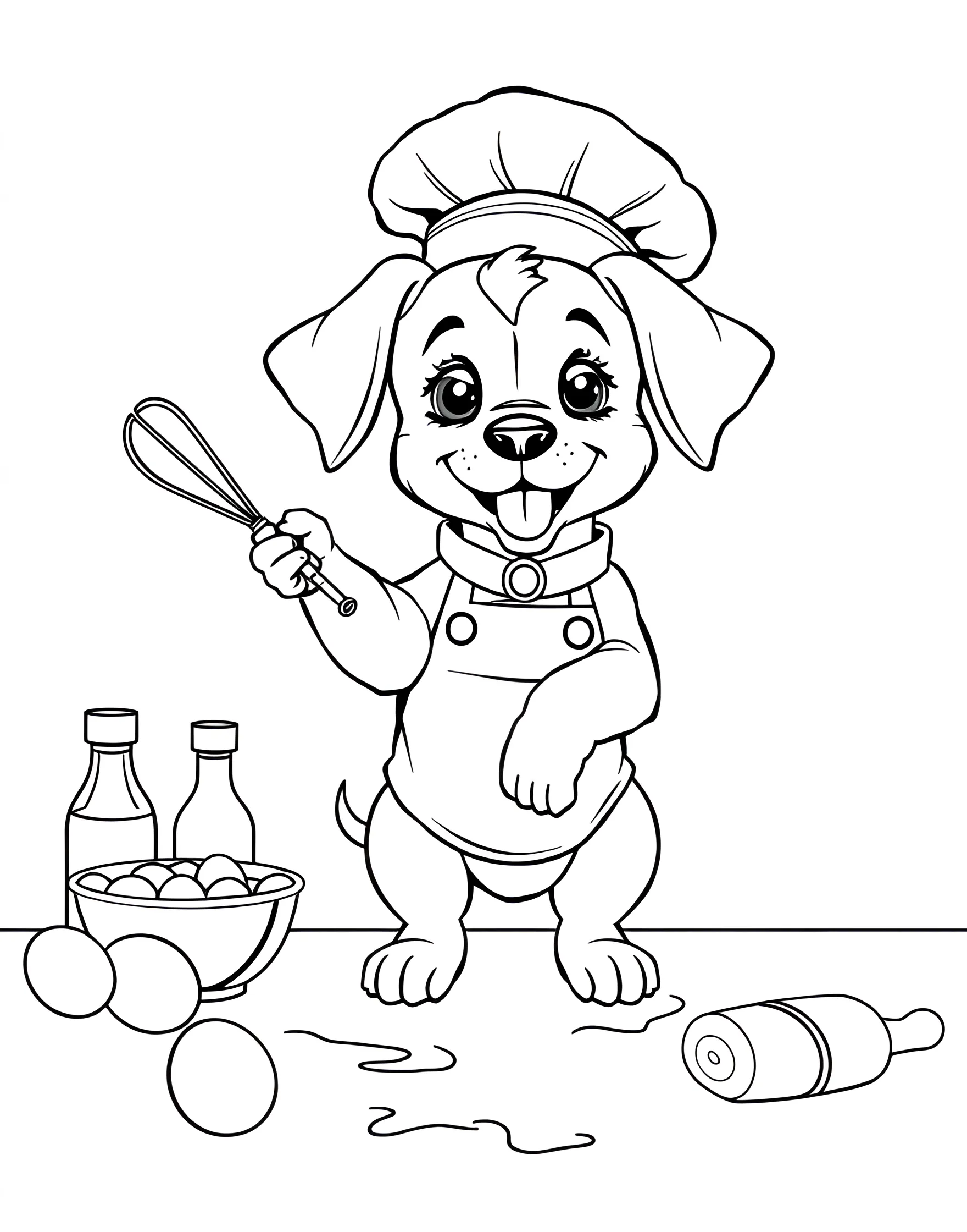 Puppy's Baking Adventure Coloring Page -- prompt: "A puppy wearing a chef's hat, standing on a kitchen counter surrounded by baking ingredients and utensils." -- This delightful coloring page shows a puppy helping out in the kitchen. The pup is wearing a chef's hat and is surrounded by baking ingredients and utensils. It's a sweet scene that captures the joy of creating something delicious, with a puppy's enthusiastic assistance.