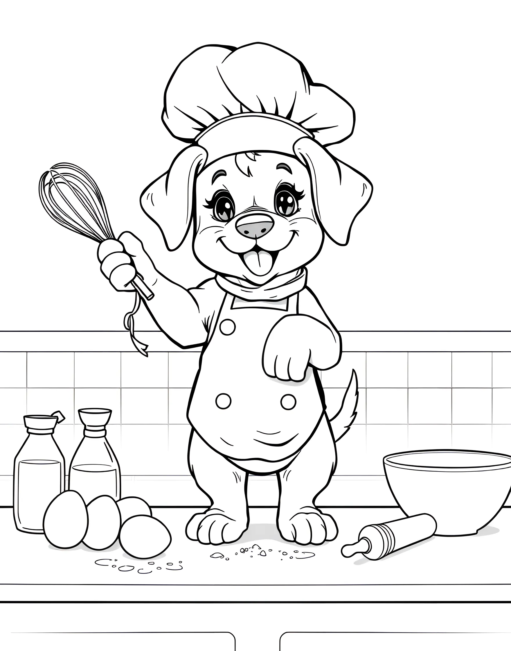 Puppy's Baking Adventure Coloring Page -- prompt: "A puppy wearing a chef's hat, standing on a kitchen counter surrounded by baking ingredients and utensils." -- This delightful coloring page shows a puppy helping out in the kitchen. The pup is wearing a chef's hat and is surrounded by baking ingredients and utensils. It's a sweet scene that captures the joy of creating something delicious, with a puppy's enthusiastic assistance.