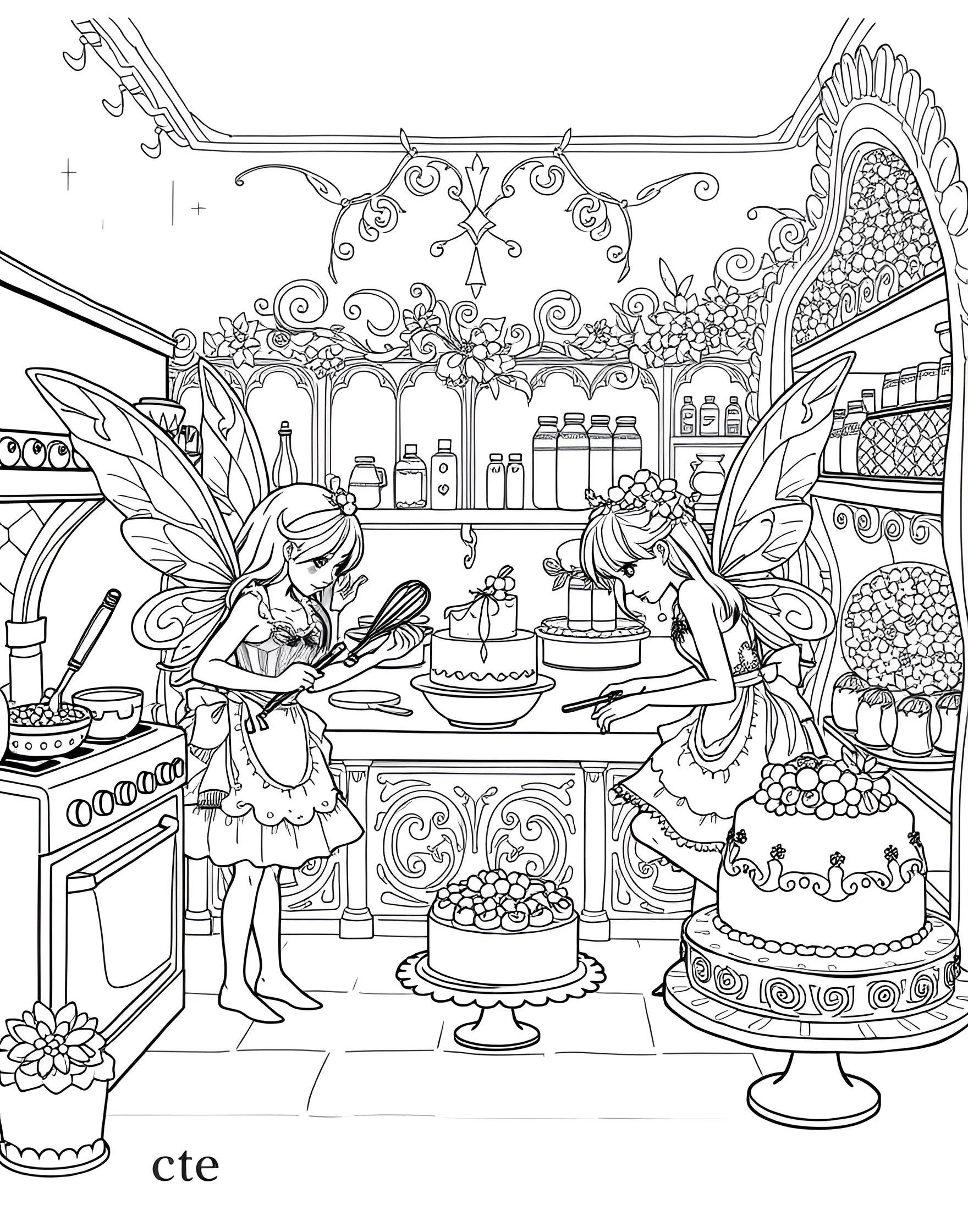 Fairy Bakery with Sweet Treats Coloring Page -- prompt: "Fairy bakers working in a miniature bakery filled with tiny cakes and pastries made from flower petals and berries." -- Indulge your sweet tooth with this delightful fairy bakery coloring page. Fairy bakers bustle about, creating miniature cakes, cookies, and pastries using flower petals and berries. The bakery interior is filled with charming details like a acorn cap cash register and toadstool tables, offering plenty of delicious details to color.