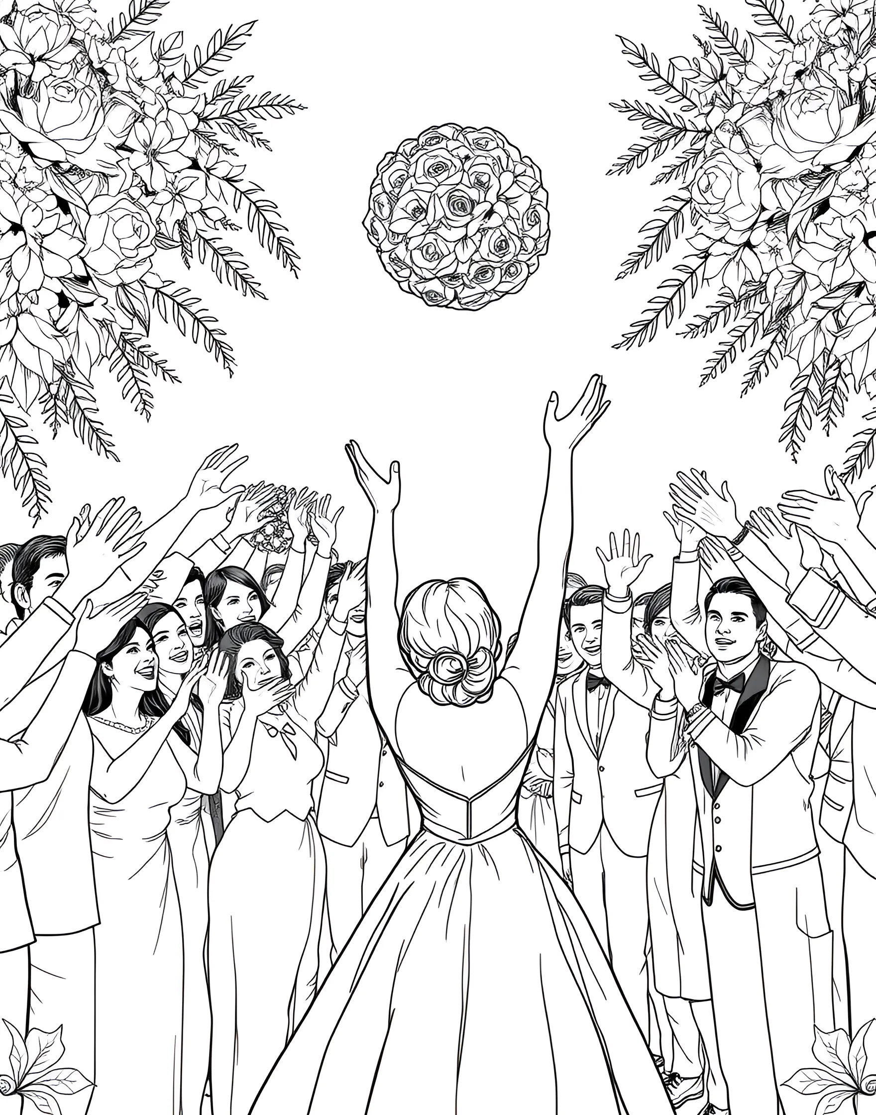 Wedding Bouquet Toss Coloring Page -- prompt: "A group of wedding guests reaching to catch the bride's bouquet during the bouquet toss." -- Feel the excitement with this bouquet toss coloring page. A group of eager singles reach up to catch the bride's bouquet as it sails through the air. Their animated expressions and reaching arms create a scene full of movement and anticipation.