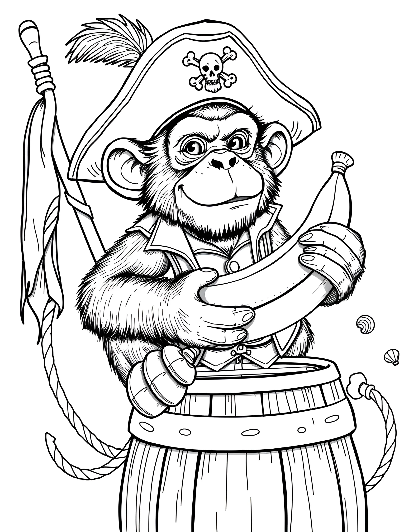 Pirate's Pet Monkey Coloring Page -- prompt: "A small monkey wearing a pirate hat and vest, sitting on a barrel with a banana." -- Meet the mischievous sidekick of many a pirate - the pet monkey. Dressed in a tiny pirate outfit, this clever creature is ready for adventure. This page is perfect for adding a touch of humor to your pirate-themed coloring session.