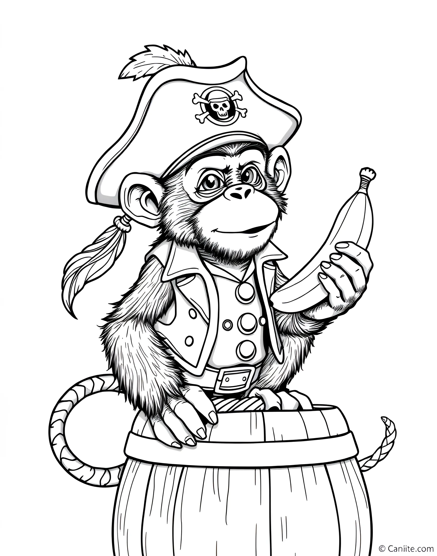 Pirate's Pet Monkey Coloring Page -- prompt: "A small monkey wearing a pirate hat and vest, sitting on a barrel with a banana." -- Meet the mischievous sidekick of many a pirate - the pet monkey. Dressed in a tiny pirate outfit, this clever creature is ready for adventure. This page is perfect for adding a touch of humor to your pirate-themed coloring session.