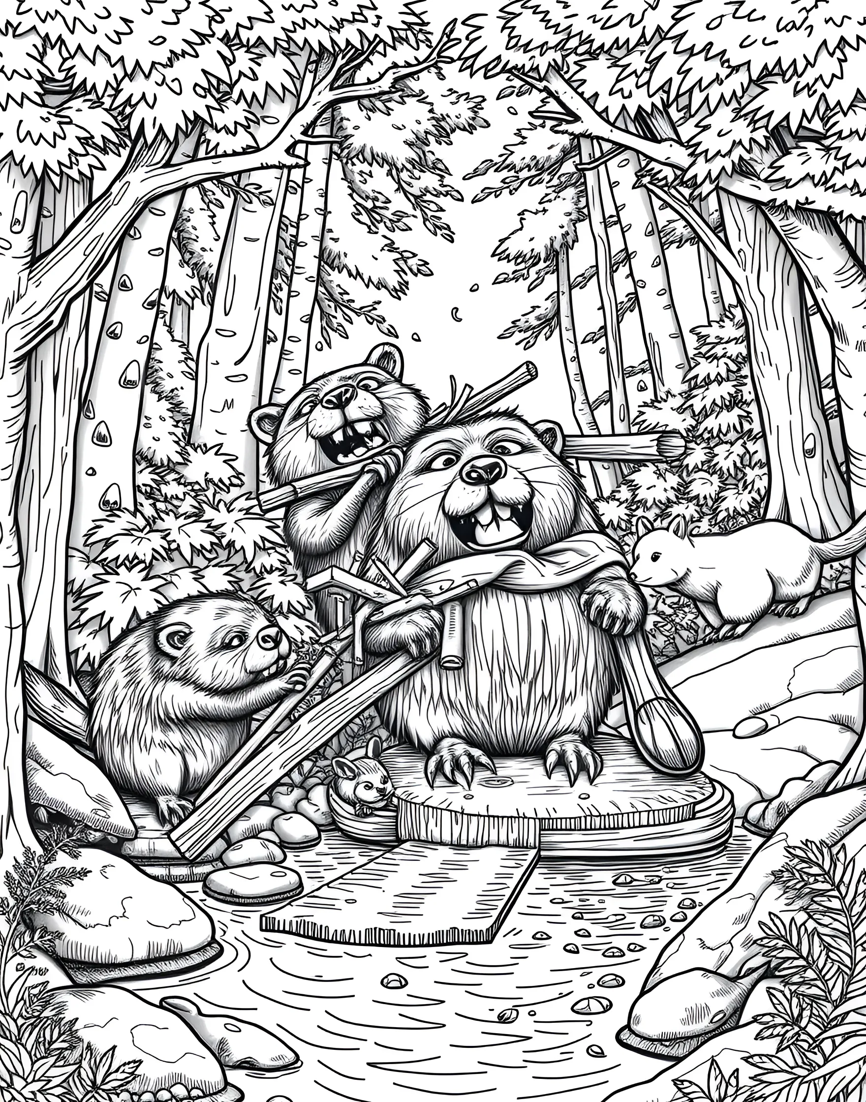 Busy Beaver Dam Coloring Page -- prompt: "A family of beavers working on their dam in a forest stream, surrounded by trees and wildlife." -- Explore the industrious world of beavers with this detailed coloring page featuring a beaver family at their dam. The scene showcases the beavers' remarkable engineering skills as they work on their intricate wooden structure. This page offers a great chance to discuss the important role beavers play in shaping ecosystems.