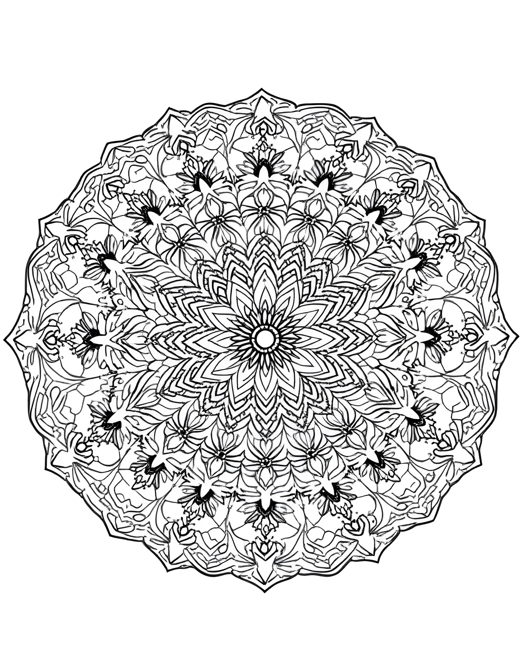 Zentangle Inspired Mandala Coloring Page -- prompt: "A circular mandala filled with various Zentangle-inspired patterns, creating a complex and meditative design." -- Lose yourself in the meditative practice of Zentangle with this intricate mandala. A variety of repeating patterns fill the circular design, offering endless opportunities for creativity. Let your mind wander as your colors bring the page to life.