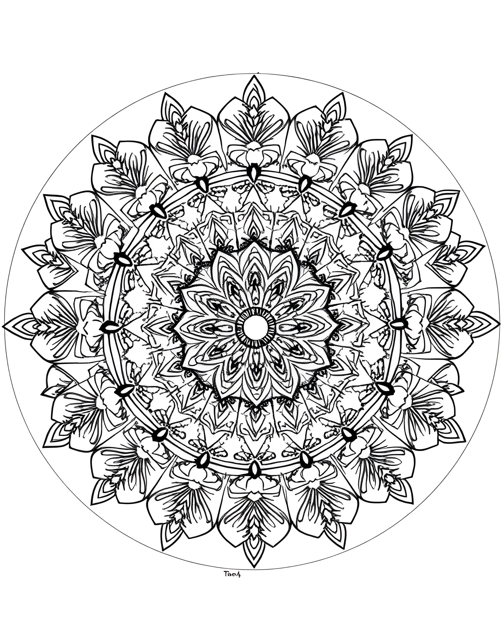 Zentangle Inspired Mandala Coloring Page -- prompt: "A circular mandala filled with various Zentangle-inspired patterns, creating a complex and meditative design." -- Lose yourself in the meditative practice of Zentangle with this intricate mandala. A variety of repeating patterns fill the circular design, offering endless opportunities for creativity. Let your mind wander as your colors bring the page to life.