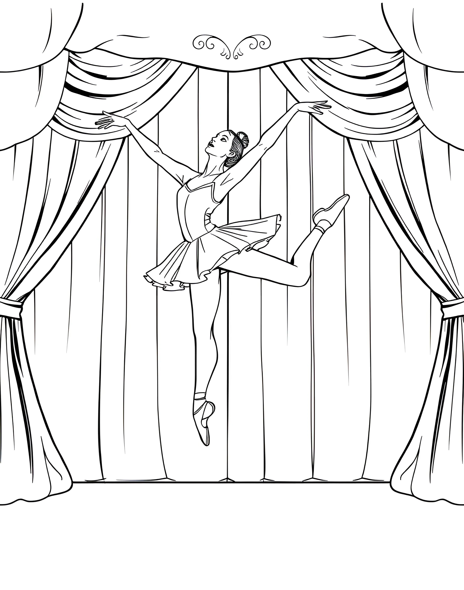 Ballerina's Grande Jeté Coloring Page -- prompt: "A ballerina mid-leap in a grande jeté, her arms and legs fully extended, with a simple stage background." -- This dynamic coloring page showcases a ballerina executing a spectacular grande jeté leap. The flowing lines of her costume and hair create a sense of motion and grace. Coloring enthusiasts will enjoy bringing this powerful moment of dance to life with their chosen palette.