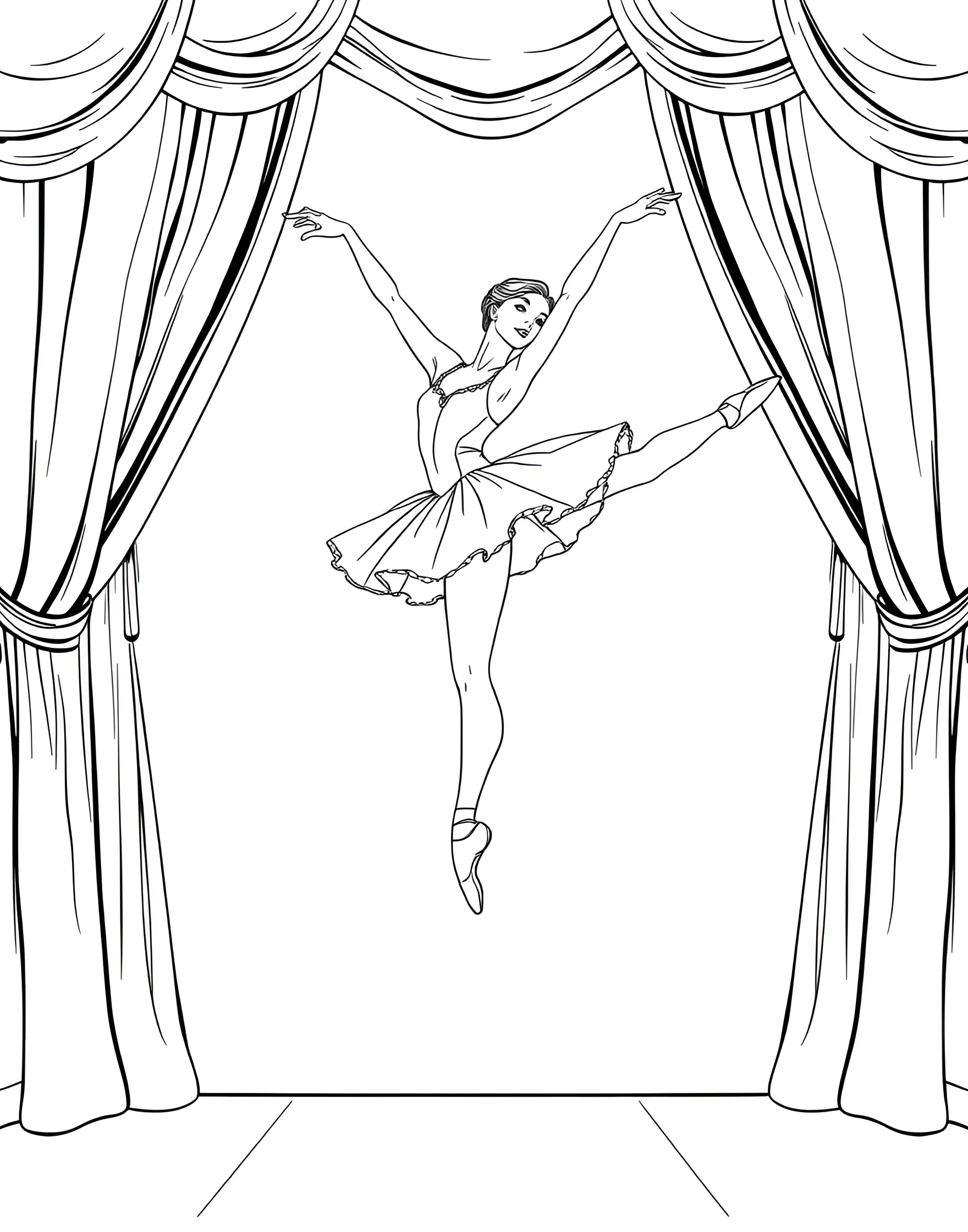 Ballerina's Grande Jeté Coloring Page -- prompt: "A ballerina mid-leap in a grande jeté, her arms and legs fully extended, with a simple stage background." -- This dynamic coloring page showcases a ballerina executing a spectacular grande jeté leap. The flowing lines of her costume and hair create a sense of motion and grace. Coloring enthusiasts will enjoy bringing this powerful moment of dance to life with their chosen palette.