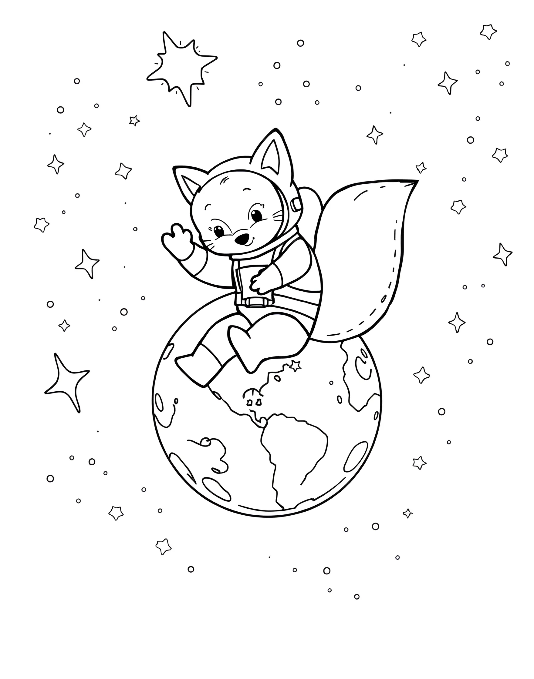 Fox Astronaut in Space Coloring Page -- prompt: "A fox in a spacesuit floating in space with Earth and stars visible." -- Blast off into imagination with this out-of-this-world coloring page featuring a fox astronaut. The fox is depicted floating in space, wearing a spacesuit with the Earth and stars in the background. This page is excellent for those who love combining animals with science and space themes.