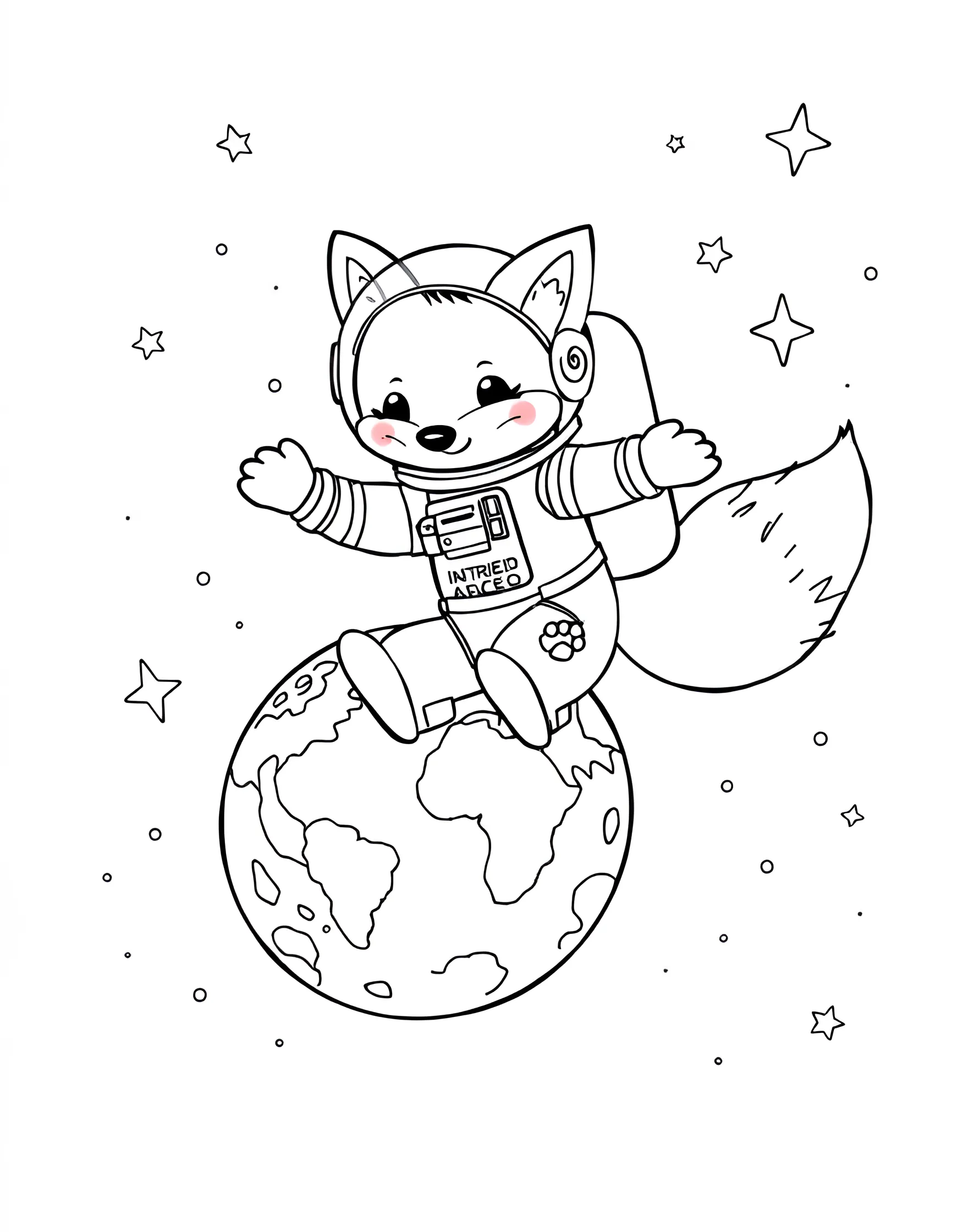 Fox Astronaut in Space Coloring Page -- prompt: "A fox in a spacesuit floating in space with Earth and stars visible." -- Blast off into imagination with this out-of-this-world coloring page featuring a fox astronaut. The fox is depicted floating in space, wearing a spacesuit with the Earth and stars in the background. This page is excellent for those who love combining animals with science and space themes.