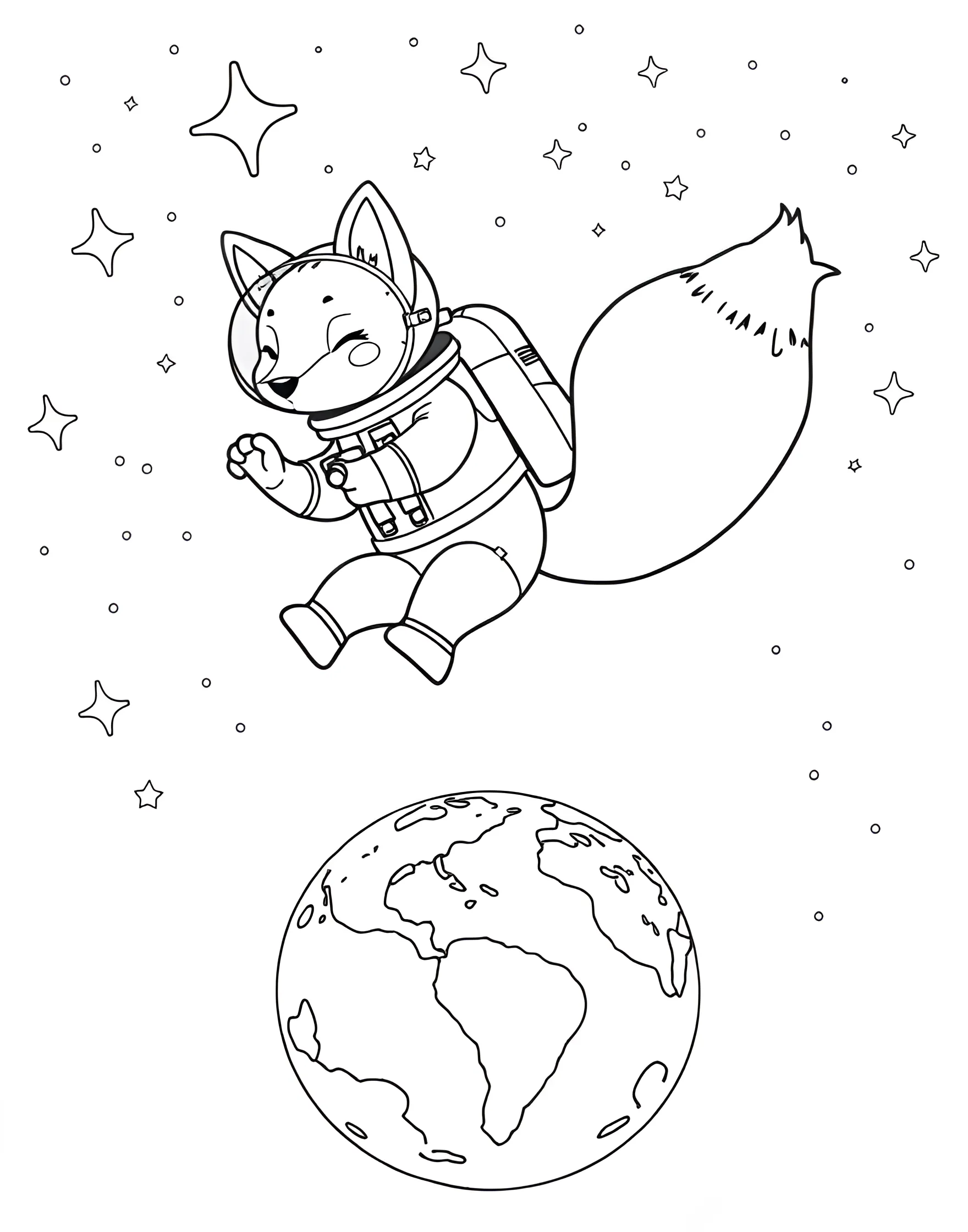 Fox Astronaut in Space Coloring Page -- prompt: "A fox in a spacesuit floating in space with Earth and stars visible." -- Blast off into imagination with this out-of-this-world coloring page featuring a fox astronaut. The fox is depicted floating in space, wearing a spacesuit with the Earth and stars in the background. This page is excellent for those who love combining animals with science and space themes.