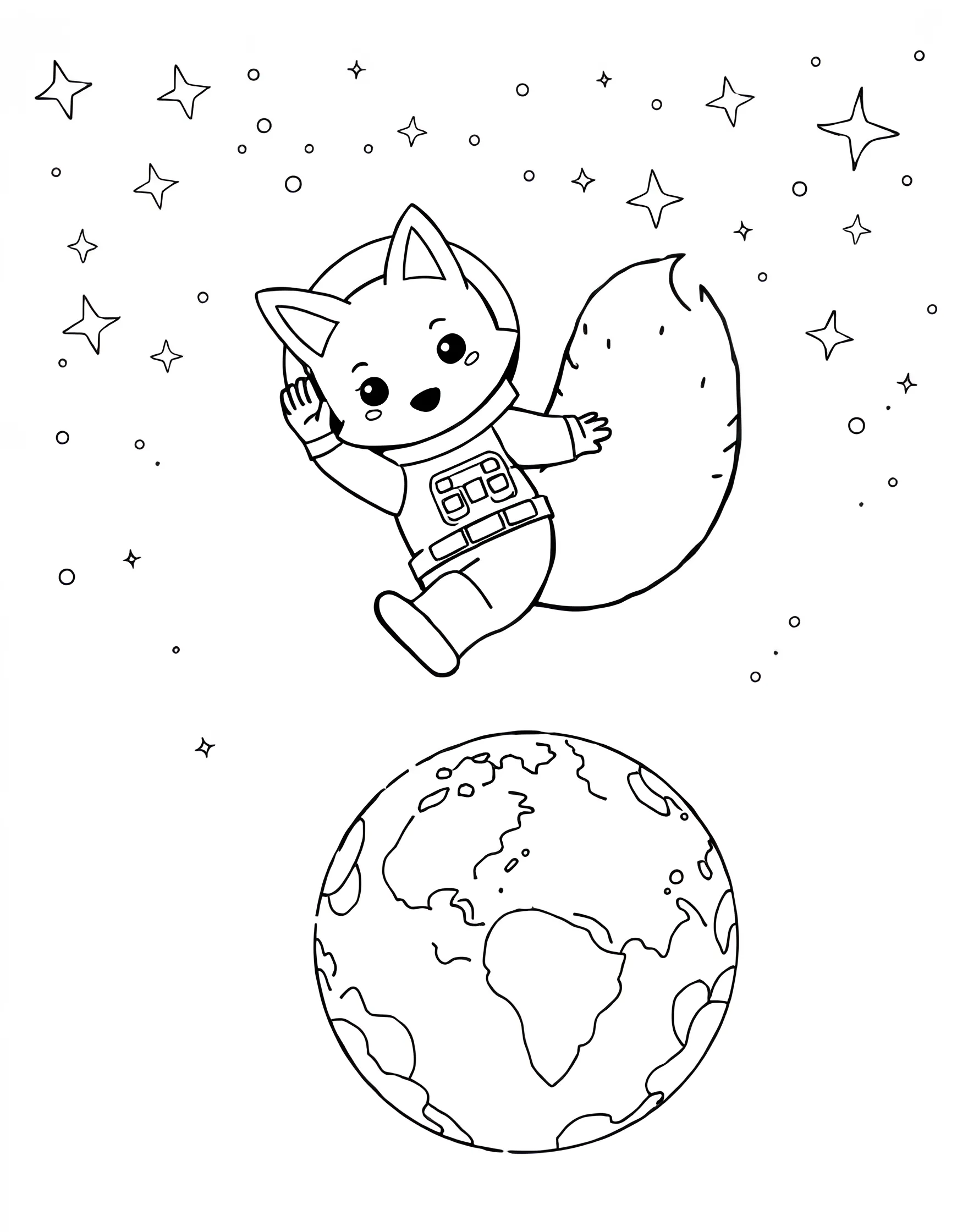 Fox Astronaut in Space Coloring Page -- prompt: "A fox in a spacesuit floating in space with Earth and stars visible." -- Blast off into imagination with this out-of-this-world coloring page featuring a fox astronaut. The fox is depicted floating in space, wearing a spacesuit with the Earth and stars in the background. This page is excellent for those who love combining animals with science and space themes.