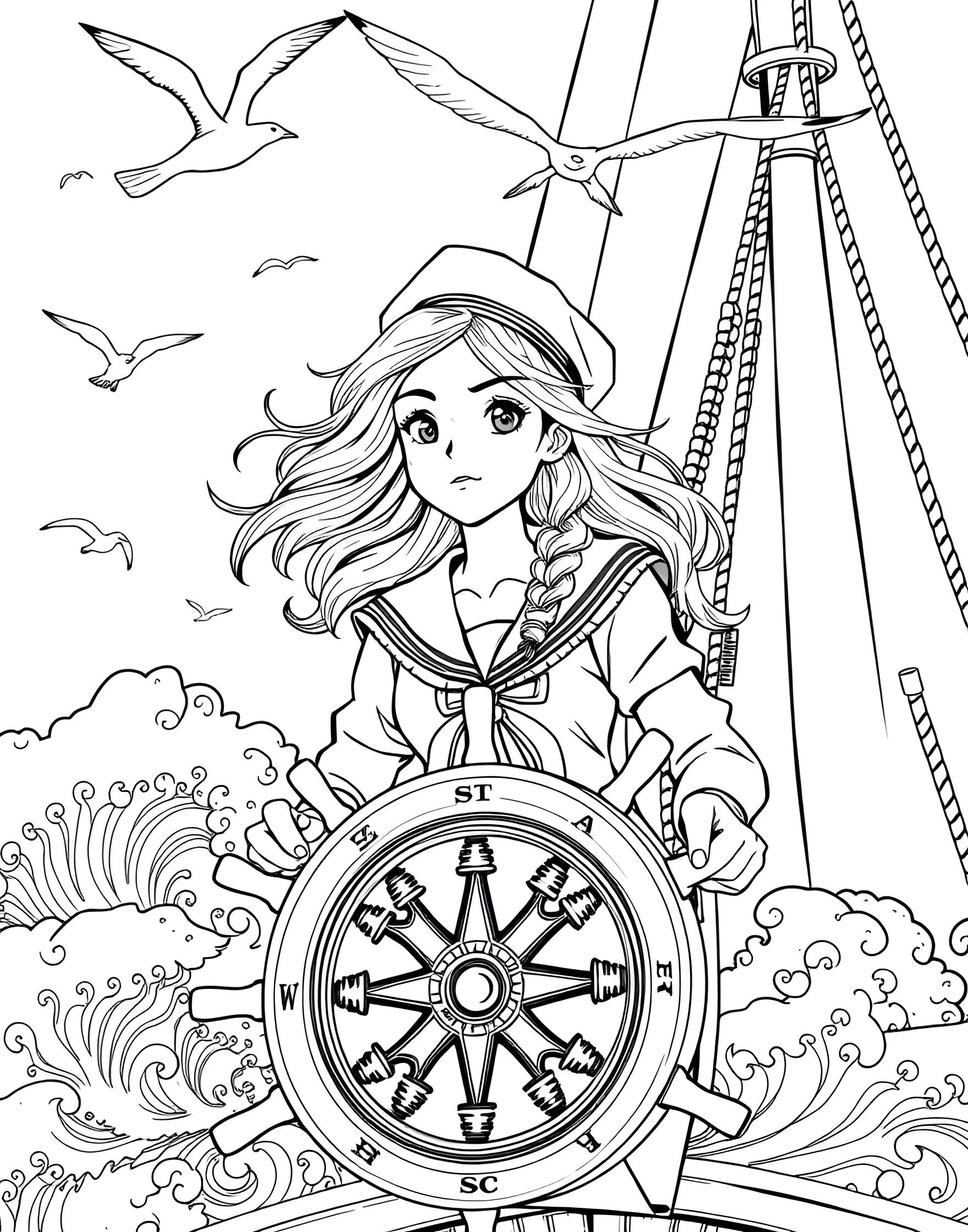 Girl Sailor Navigating a Ship Coloring Page -- prompt: "A girl sailor steering a ship at the helm with sails billowing and the ocean around her." -- Set sail for adventure with this nautical coloring page. A young girl stands at the helm of a ship, confidently steering through the waves. The detailed ship's deck, billowing sails, and ocean scenery provide numerous exciting elements to color and bring the maritime world to life.