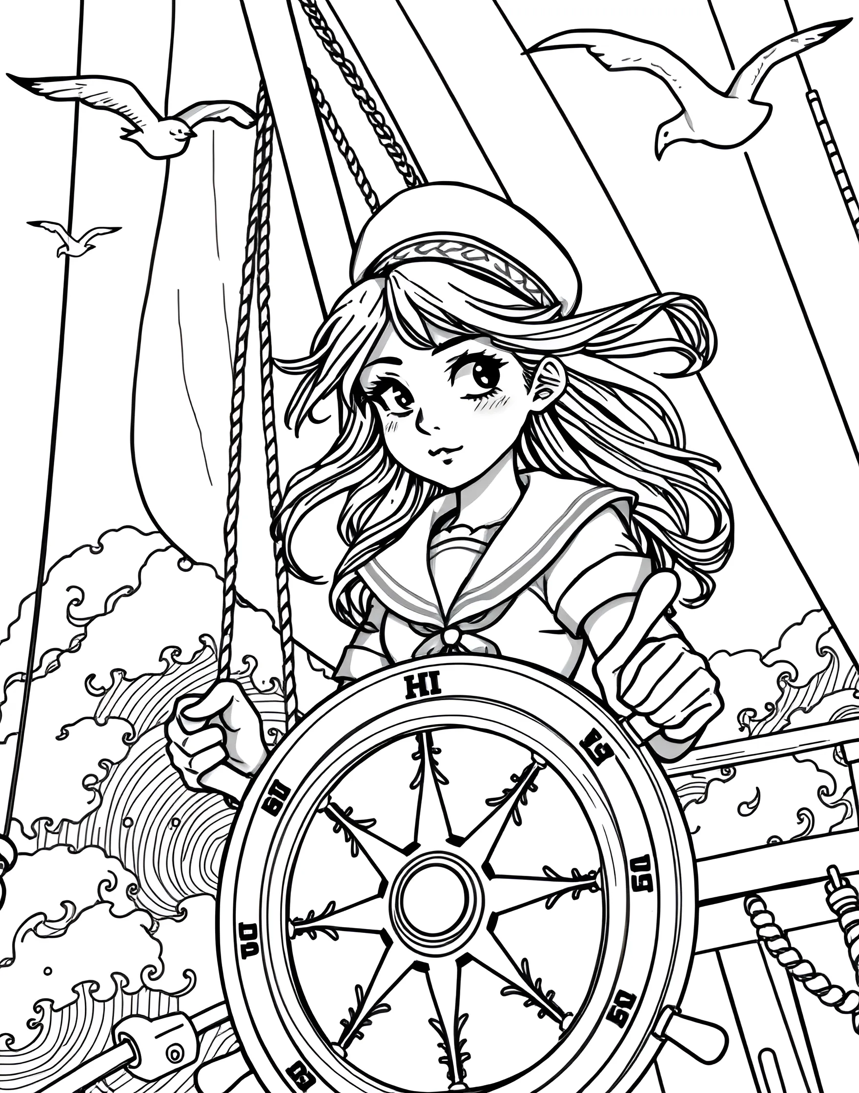 Girl Sailor Navigating a Ship Coloring Page -- prompt: "A girl sailor steering a ship at the helm with sails billowing and the ocean around her." -- Set sail for adventure with this nautical coloring page. A young girl stands at the helm of a ship, confidently steering through the waves. The detailed ship's deck, billowing sails, and ocean scenery provide numerous exciting elements to color and bring the maritime world to life.