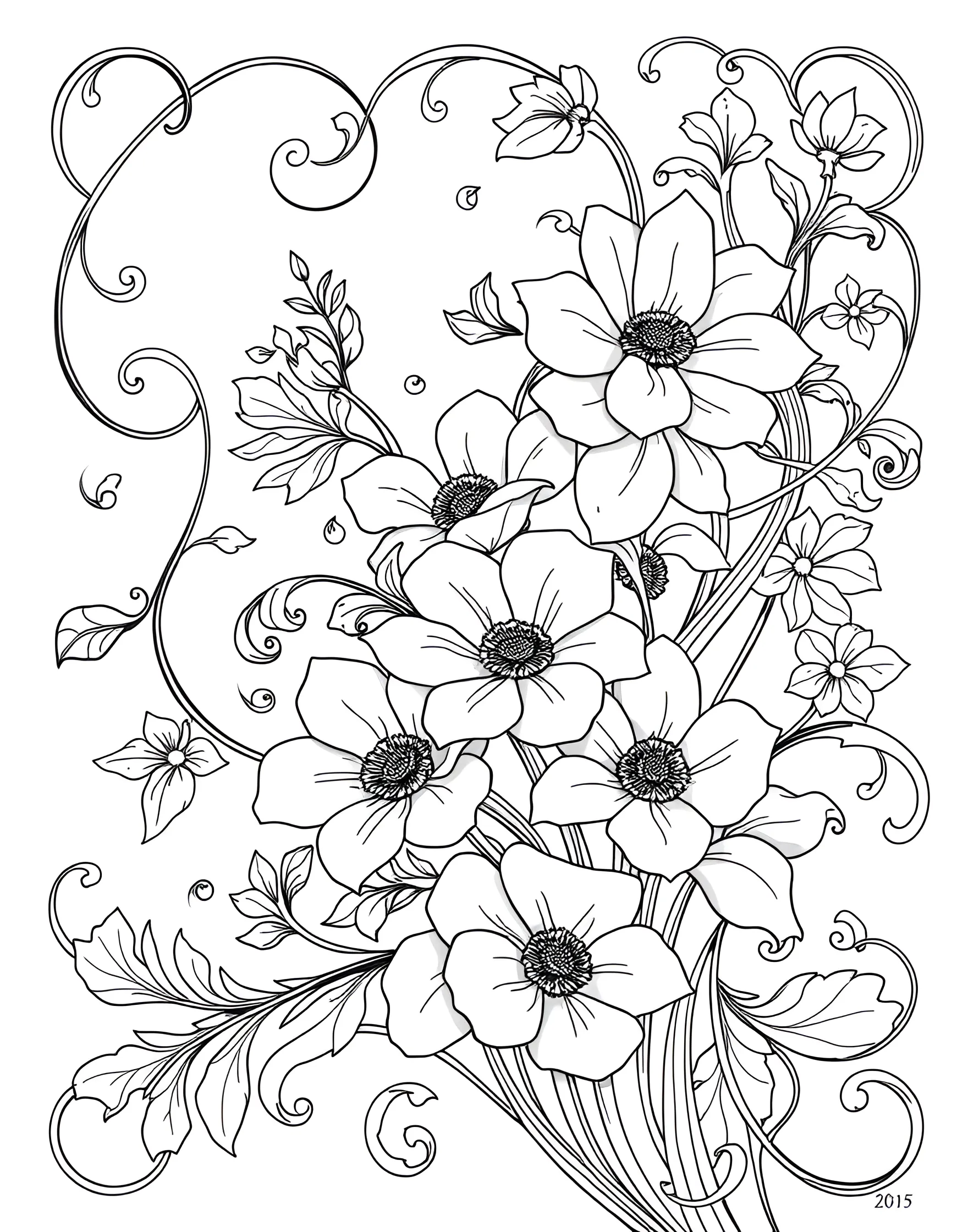 Art Nouveau Floral Dream Coloring Page -- prompt: "An Art Nouveau-style floral design with curving lines and stylized flowers, creating an elegant composition for adult coloring." -- Step into the elegant world of Art Nouveau with this stunning floral design. Graceful curves and flowing lines form a sophisticated arrangement of blooms and leaves. This page allows you to explore color combinations while appreciating the timeless beauty of this artistic style.