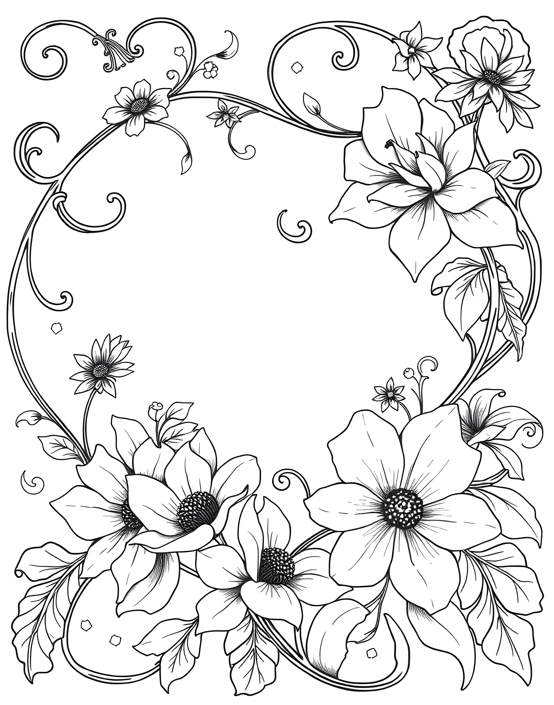 Art Nouveau Floral Dream Coloring Page -- prompt: "An Art Nouveau-style floral design with curving lines and stylized flowers, creating an elegant composition for adult coloring." -- Step into the elegant world of Art Nouveau with this stunning floral design. Graceful curves and flowing lines form a sophisticated arrangement of blooms and leaves. This page allows you to explore color combinations while appreciating the timeless beauty of this artistic style.