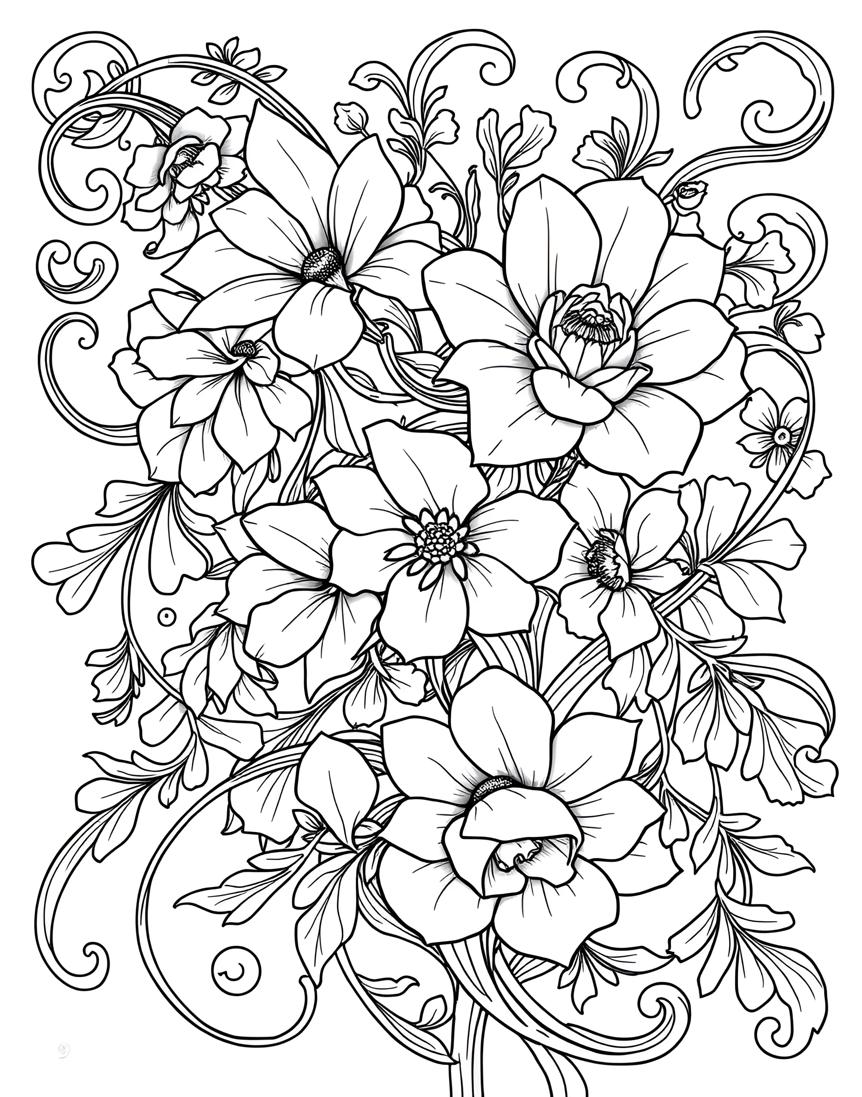 Art Nouveau Floral Dream Coloring Page -- prompt: "An Art Nouveau-style floral design with curving lines and stylized flowers, creating an elegant composition for adult coloring." -- Step into the elegant world of Art Nouveau with this stunning floral design. Graceful curves and flowing lines form a sophisticated arrangement of blooms and leaves. This page allows you to explore color combinations while appreciating the timeless beauty of this artistic style.