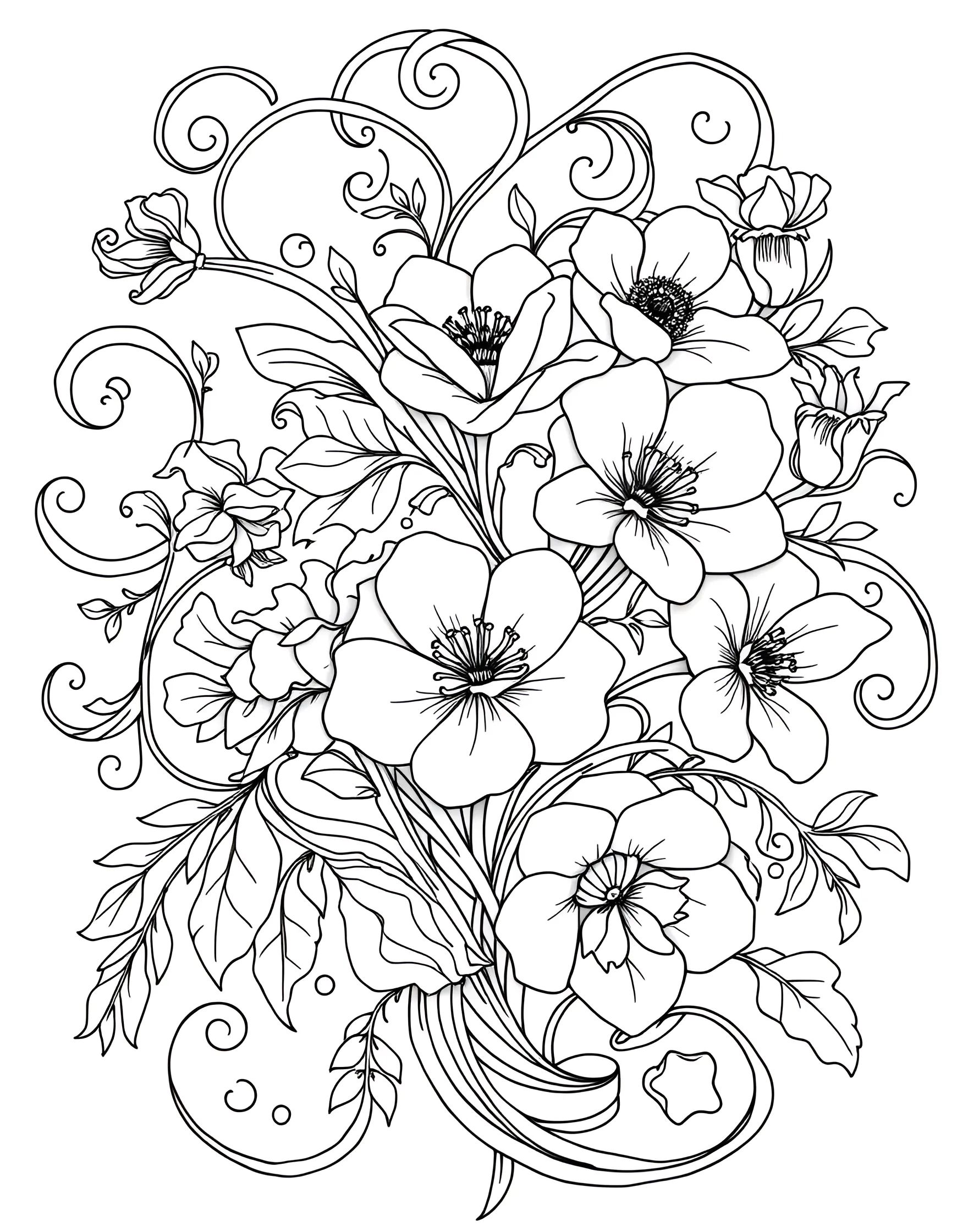 Art Nouveau Floral Dream Coloring Page -- prompt: "An Art Nouveau-style floral design with curving lines and stylized flowers, creating an elegant composition for adult coloring." -- Step into the elegant world of Art Nouveau with this stunning floral design. Graceful curves and flowing lines form a sophisticated arrangement of blooms and leaves. This page allows you to explore color combinations while appreciating the timeless beauty of this artistic style.