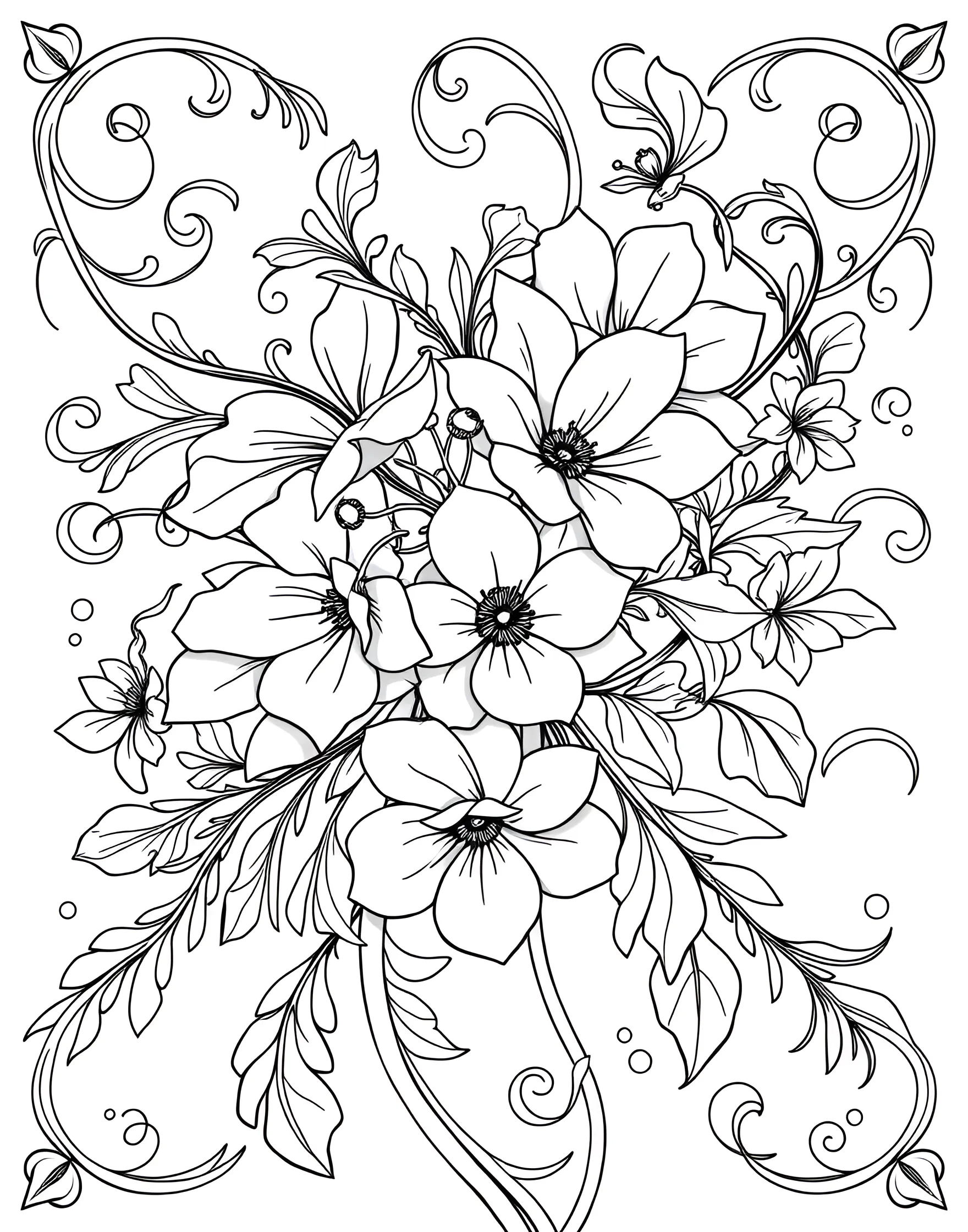 Art Nouveau Floral Dream Coloring Page -- prompt: "An Art Nouveau-style floral design with curving lines and stylized flowers, creating an elegant composition for adult coloring." -- Step into the elegant world of Art Nouveau with this stunning floral design. Graceful curves and flowing lines form a sophisticated arrangement of blooms and leaves. This page allows you to explore color combinations while appreciating the timeless beauty of this artistic style.