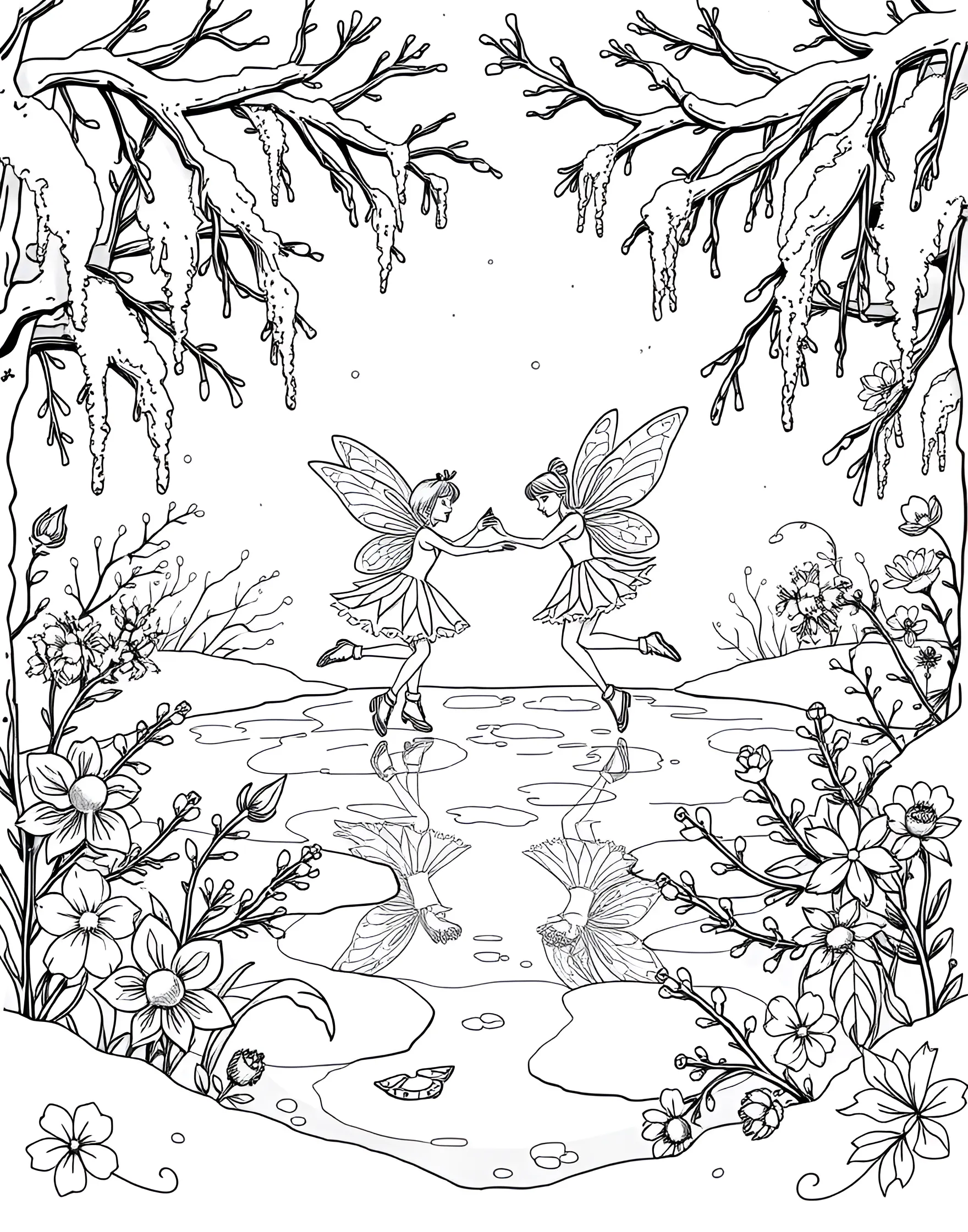 Fairy Ice Skating on a Frozen Pond Coloring Page -- prompt: "Fairies ice skating on a frozen pond surrounded by snow-covered plants and icicle-adorned branches." -- Embrace the magic of winter with this enchanting coloring page featuring fairies ice skating on a frozen pond. The fairies twirl and glide across the ice, their delicate wings and frosty outfits shimmering in the cold air. Surrounding the pond are snow-covered plants and icicle-adorned branches, creating a winter wonderland scene.