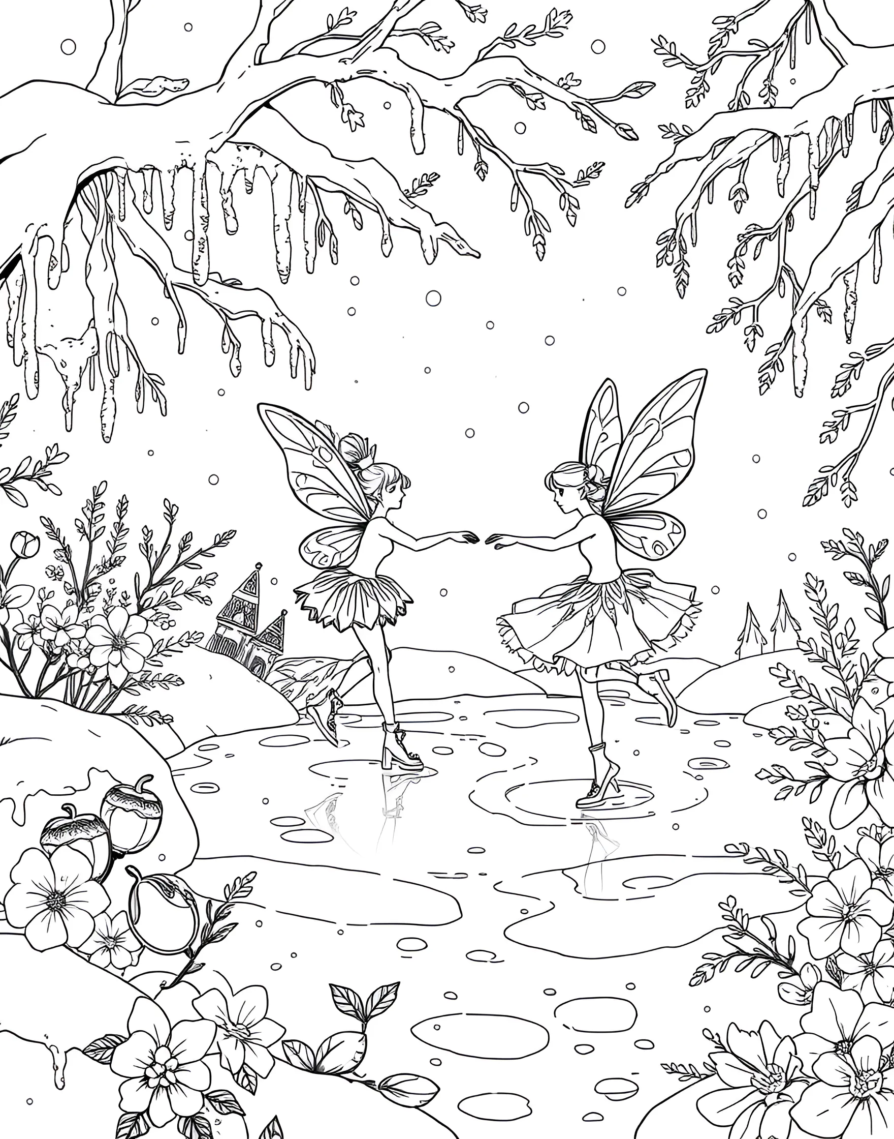 Fairy Ice Skating on a Frozen Pond Coloring Page -- prompt: "Fairies ice skating on a frozen pond surrounded by snow-covered plants and icicle-adorned branches." -- Embrace the magic of winter with this enchanting coloring page featuring fairies ice skating on a frozen pond. The fairies twirl and glide across the ice, their delicate wings and frosty outfits shimmering in the cold air. Surrounding the pond are snow-covered plants and icicle-adorned branches, creating a winter wonderland scene.