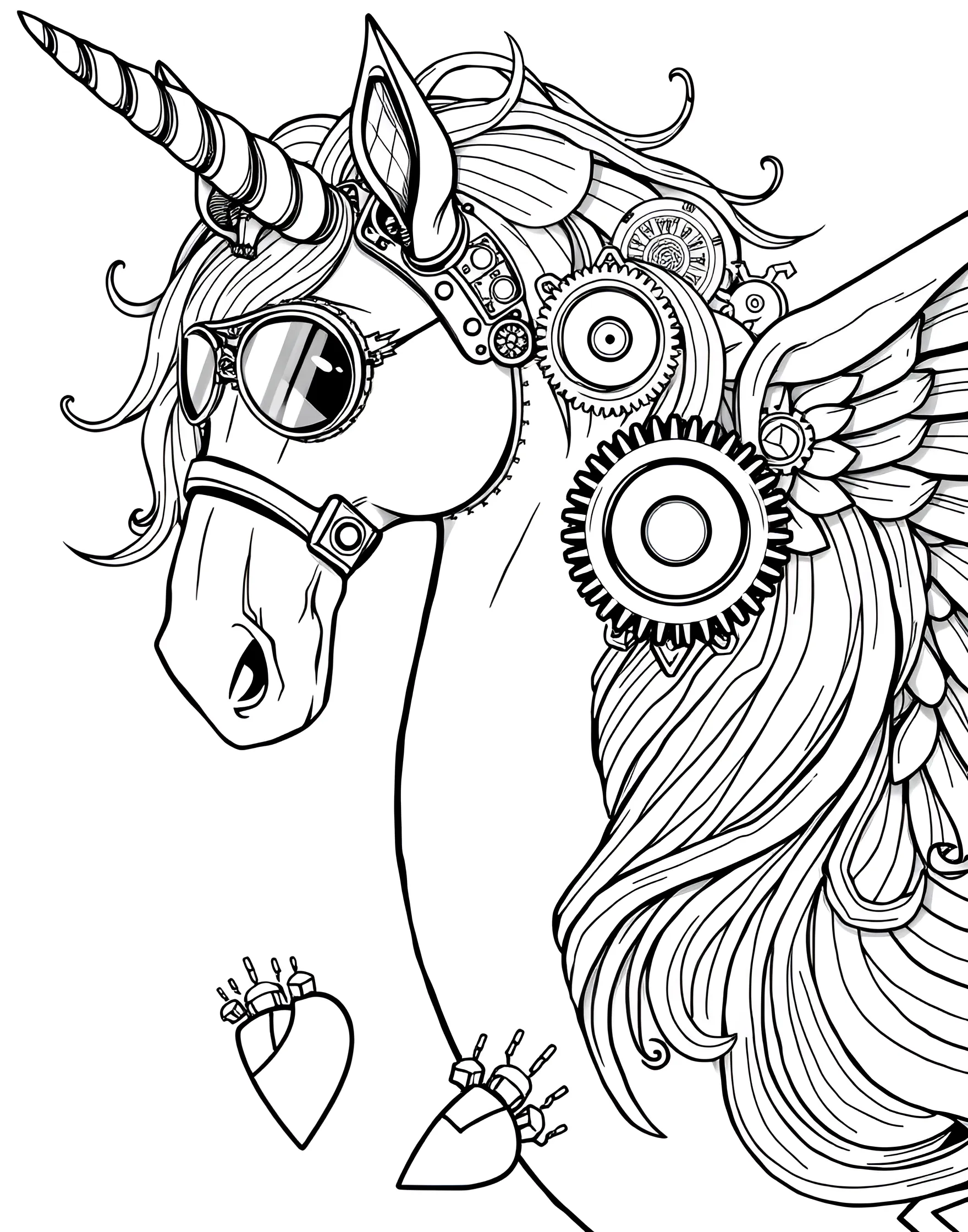 A unicorn with steampunk elements such as gears, goggles, and mechanical wings.