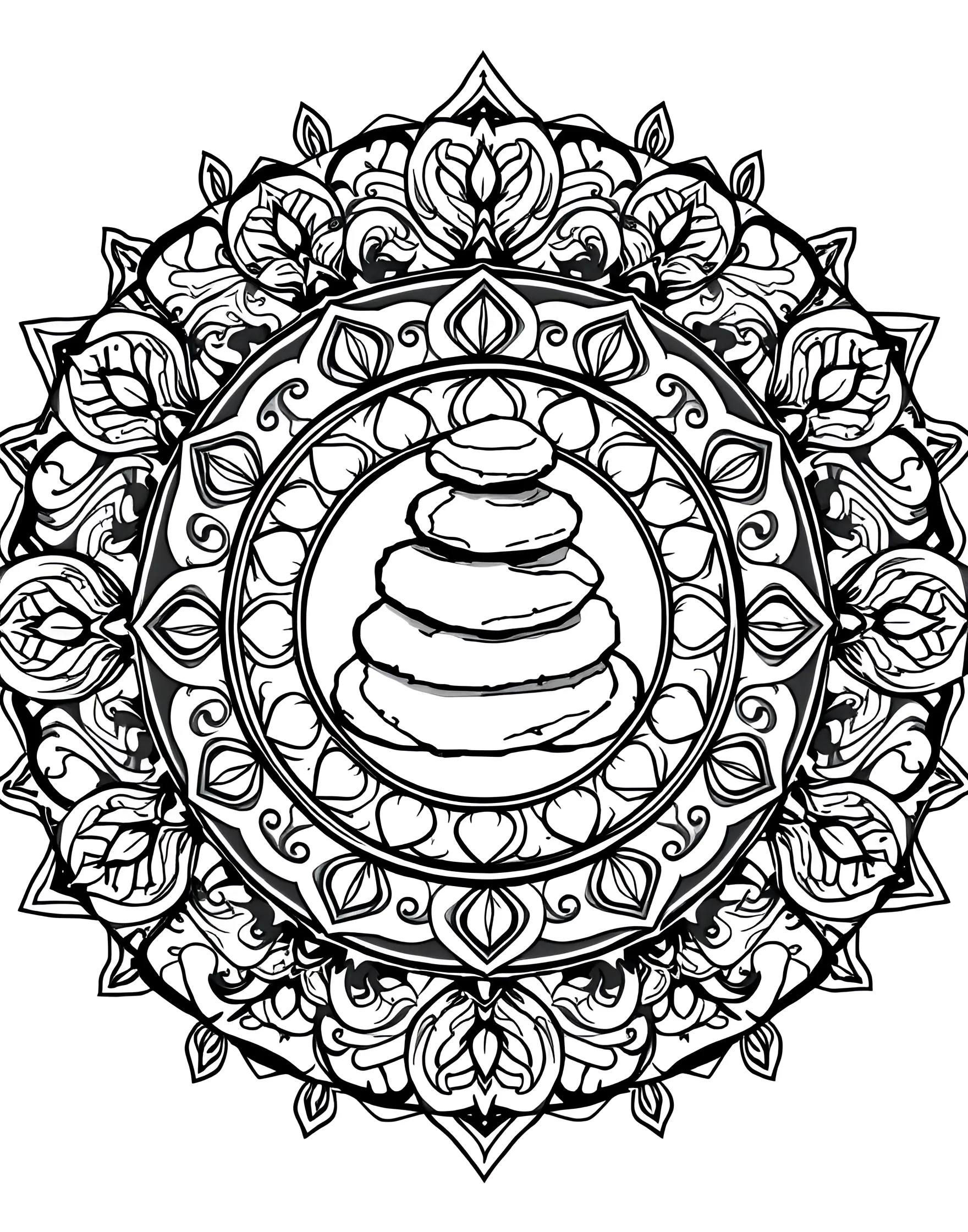 Zen Stone Balance Mandala Coloring Page -- prompt: "A mandala centered around balanced zen stones, with ripple patterns and calming elements arranged in a circular, meditative design." -- Find your inner peace with this zen-inspired mandala. Carefully balanced stones form the foundation of the design, surrounded by ripples and calming patterns. Let the sense of balance and harmony guide your coloring process.