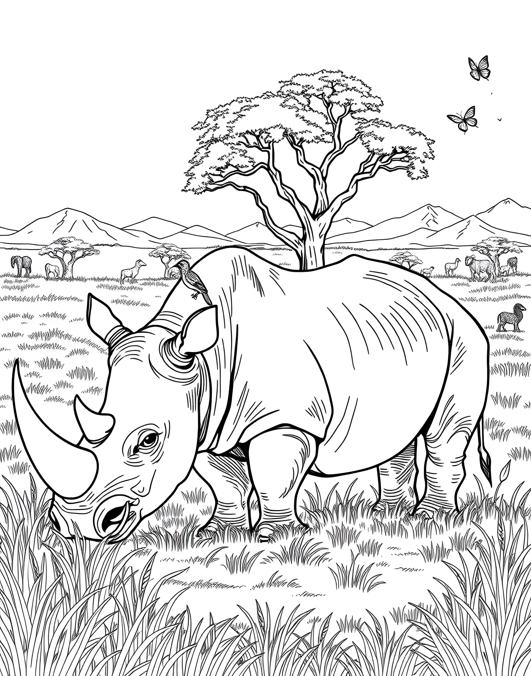 Mighty Rhinoceros Grazing Coloring Page -- prompt: "A rhinoceros grazing in a grassland, with small birds perched on its back and African trees in the background." -- Stand in awe of nature's tank with this impressive coloring page featuring a rhinoceros. The powerful creature is shown grazing in its grassland habitat, with birds perched on its back. This page provides an opportunity to discuss wildlife conservation and the importance of protecting endangered species.