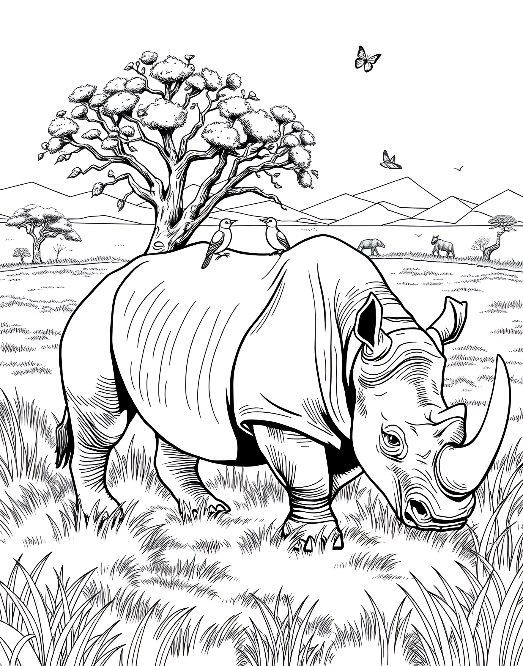 Mighty Rhinoceros Grazing Coloring Page -- prompt: "A rhinoceros grazing in a grassland, with small birds perched on its back and African trees in the background." -- Stand in awe of nature's tank with this impressive coloring page featuring a rhinoceros. The powerful creature is shown grazing in its grassland habitat, with birds perched on its back. This page provides an opportunity to discuss wildlife conservation and the importance of protecting endangered species.