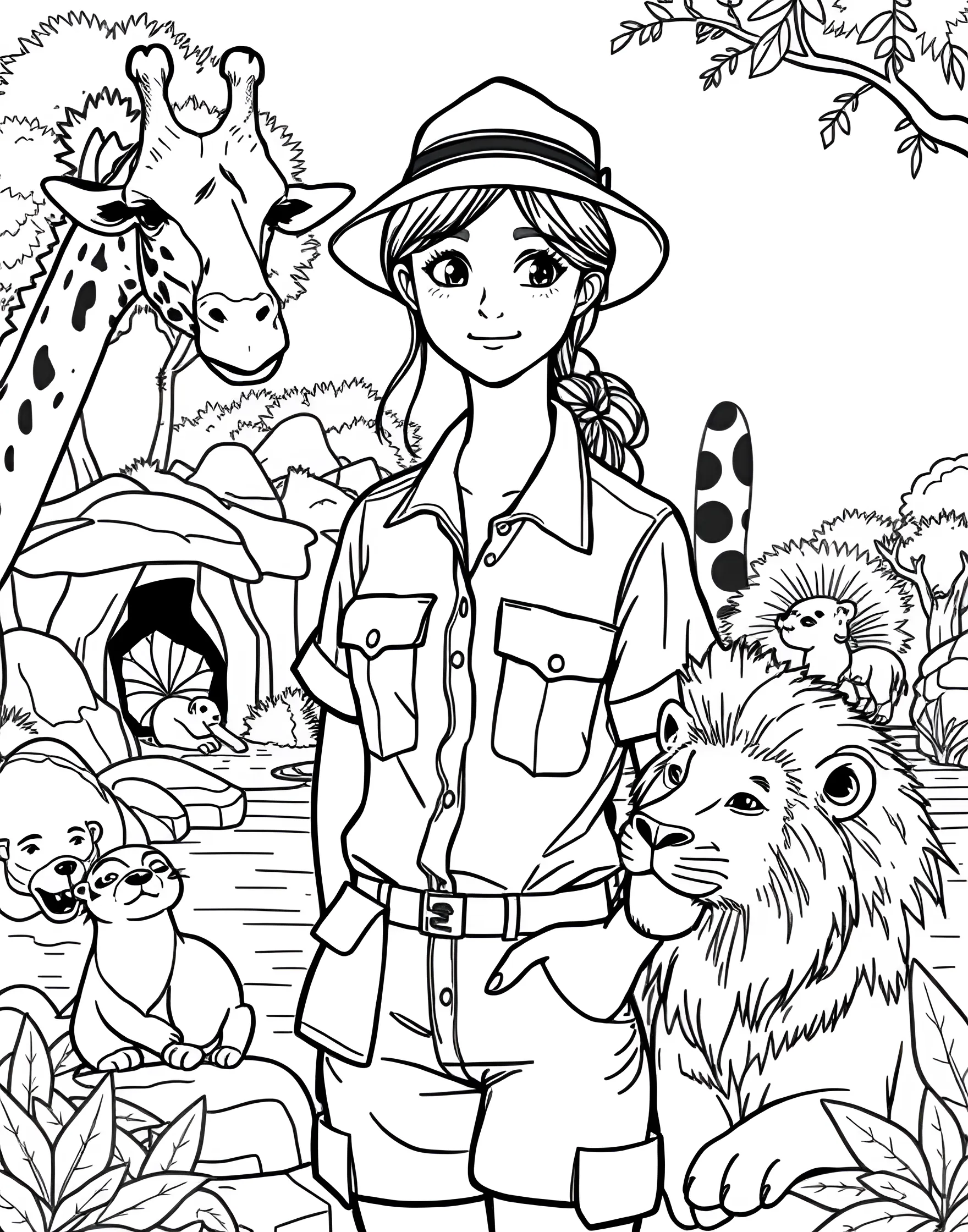 A girl zookeeper feeding and caring for various animals in a zoo setting.