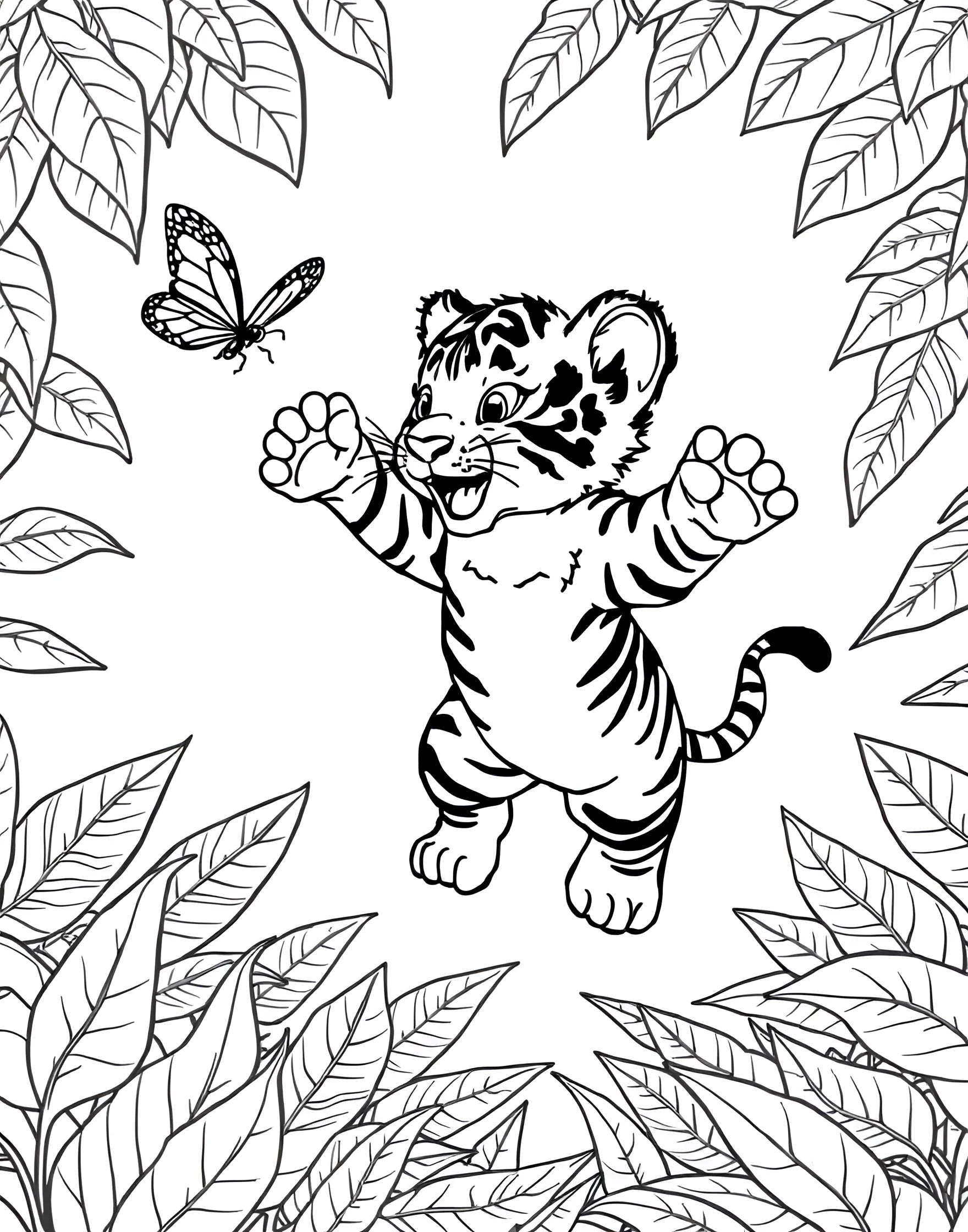 Tiger Cub Learning to Hunt Coloring Page -- prompt: "A tiger cub in mid-pounce, trying to catch a small animal." -- Watch a young tiger learn essential skills in this action-packed coloring page. A tiger cub is shown attempting to pounce on a small prey animal, capturing the learning process of these magnificent predators. This page offers a great balance of cute and educational elements.