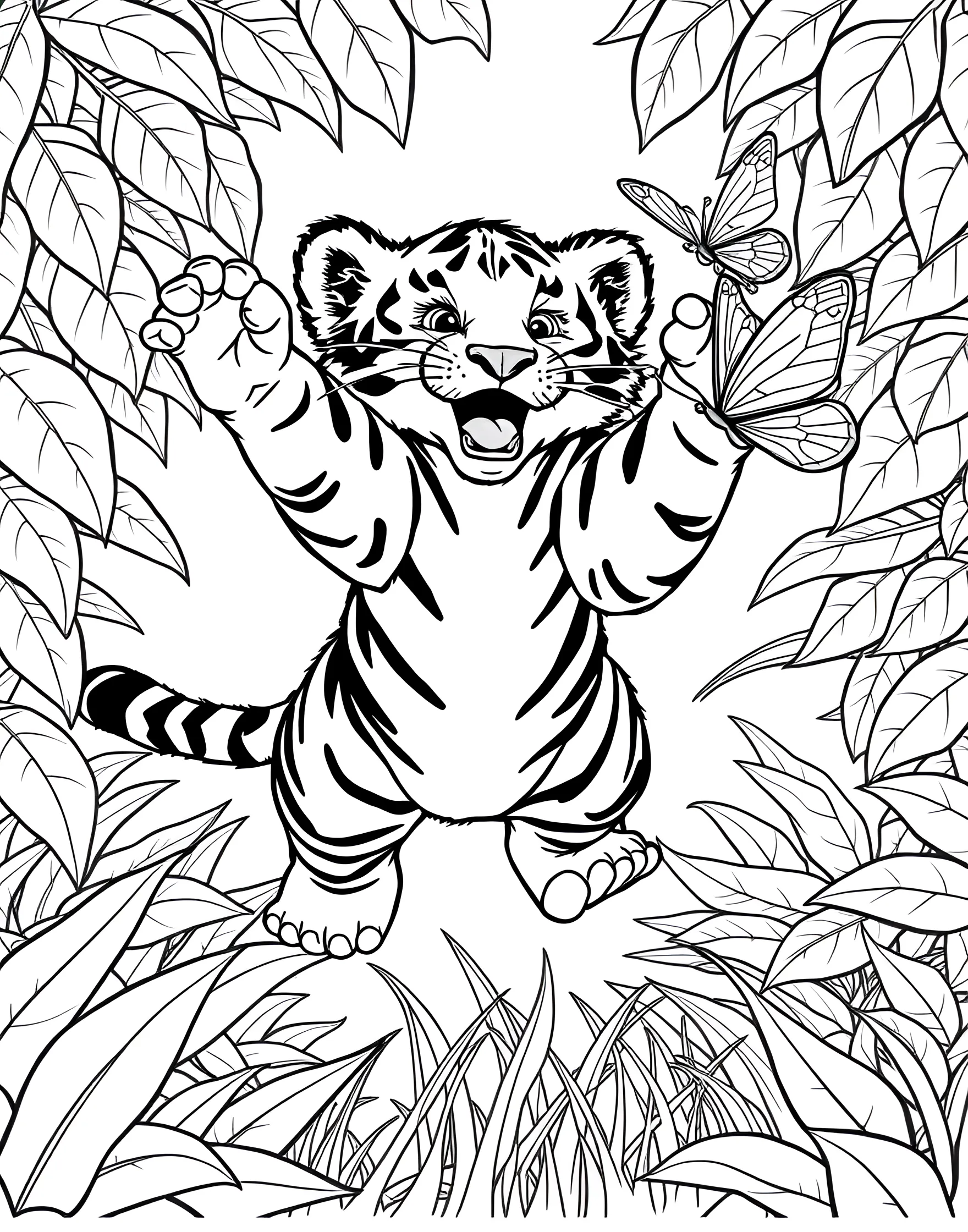 Tiger Cub Learning to Hunt Coloring Page -- prompt: "A tiger cub in mid-pounce, trying to catch a small animal." -- Watch a young tiger learn essential skills in this action-packed coloring page. A tiger cub is shown attempting to pounce on a small prey animal, capturing the learning process of these magnificent predators. This page offers a great balance of cute and educational elements.