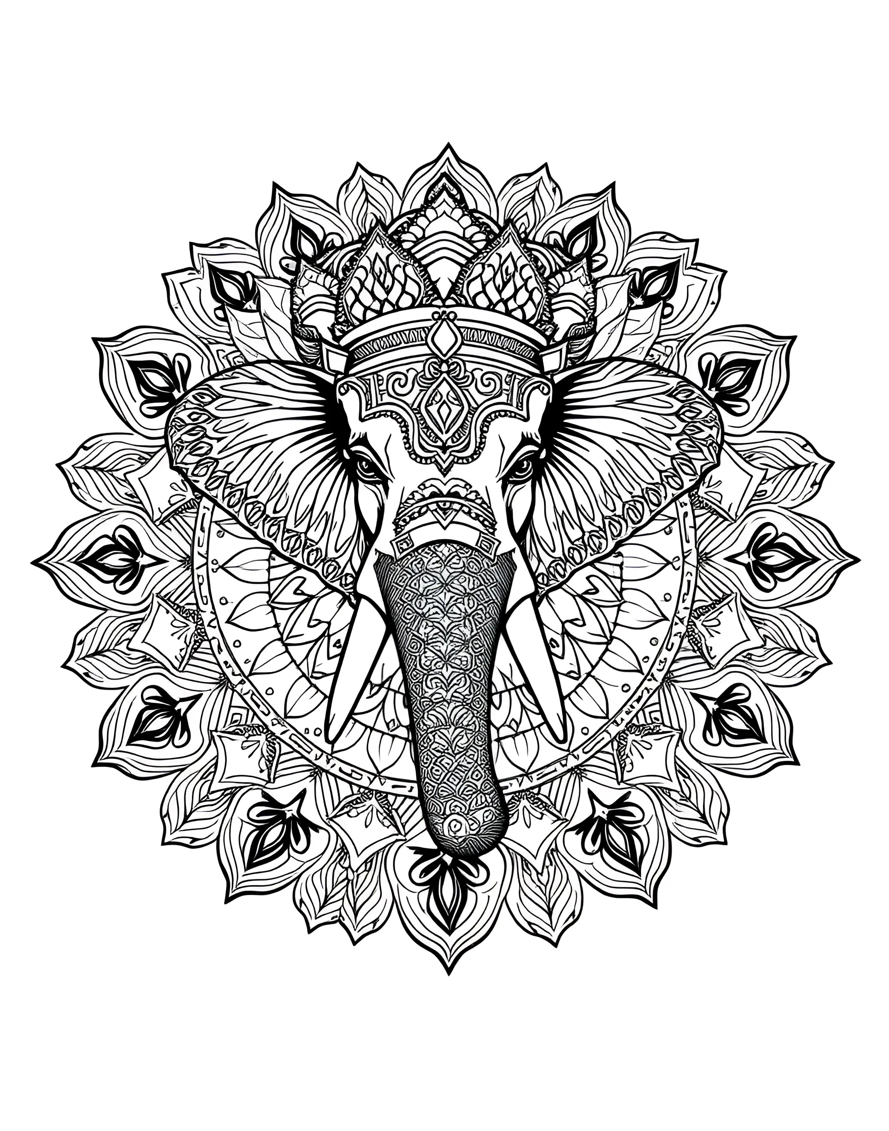 Ornate Elephant Mandala Coloring Page -- prompt: "A mandala featuring an ornately decorated elephant at its center, with patterns flowing outwards to form the circular design." -- Celebrate the majestic elephant with this elaborate mandala. The gentle giant takes center stage, adorned with intricate patterns that flow into the surrounding circular design. This page is perfect for those who love animals and detailed coloring projects.