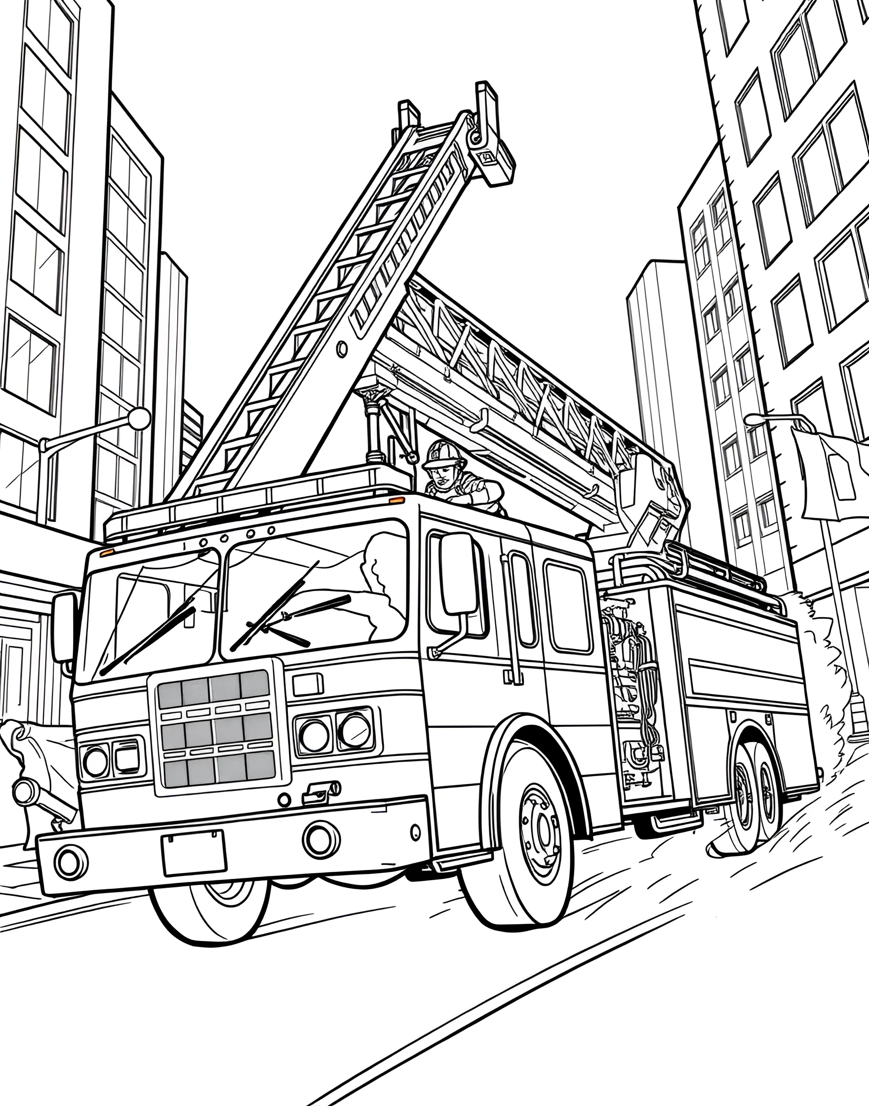 Fire Truck to the Rescue Coloring Page -- prompt: "A fire truck with extended ladder and flashing lights rushing to an emergency." -- Heroes come in many forms, and this Fire Truck to the Rescue coloring page showcases one of the bravest! The detailed fire engine is complete with ladders, hoses, and flashing lights. Children can bring this emergency vehicle to life with bold reds and shiny chrome details while learning about the important role firefighters play in our communities.