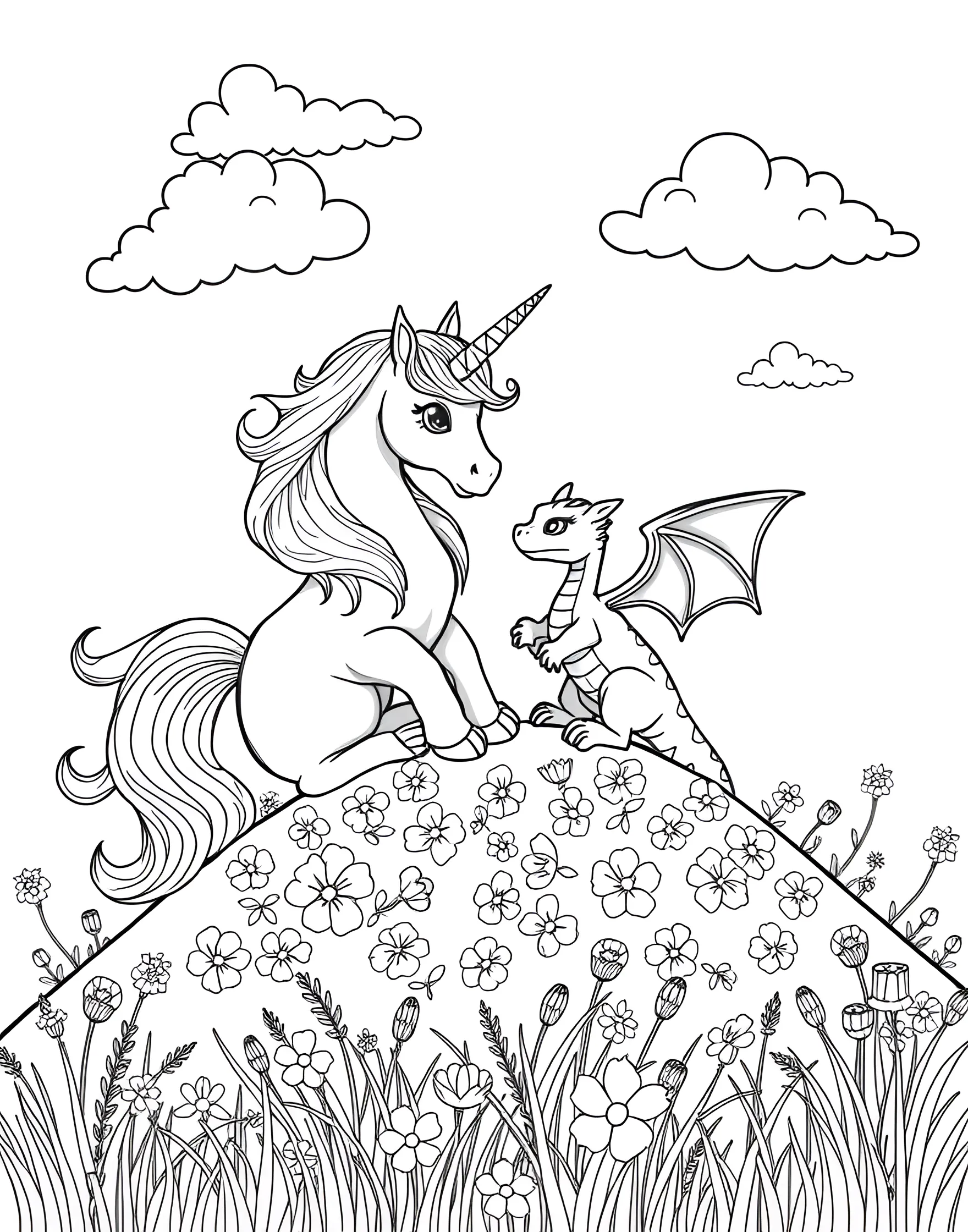 A unicorn and a small dragon sitting together on a hilltop, looking like best friends.