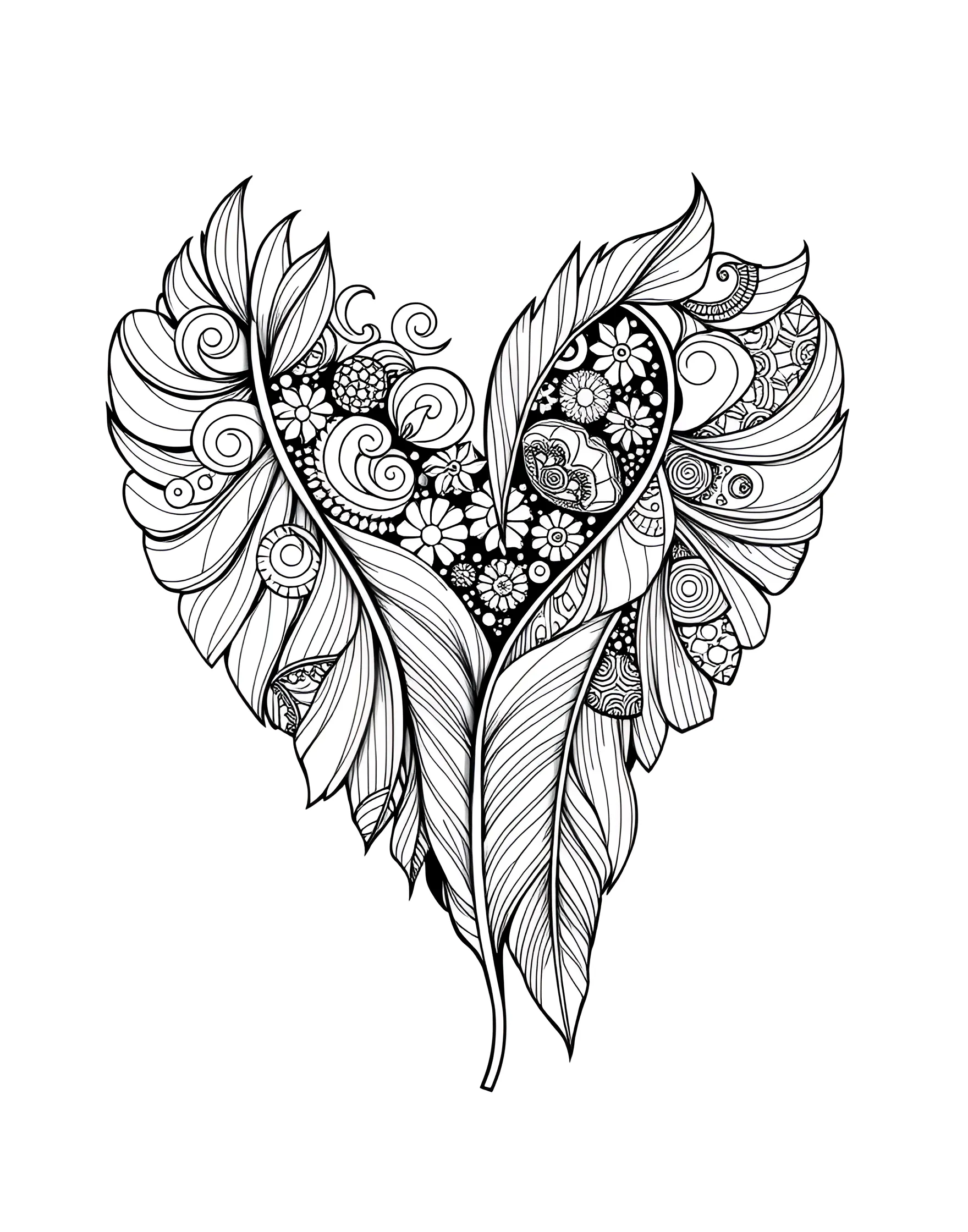 Zentangle Feather Heart Coloring Page -- prompt: "A heart made up of zentangle-style feathers, each filled with unique patterns and designs." -- This intricate coloring page features a heart composed of beautifully detailed zentangle-style feathers. Each feather is filled with unique patterns and designs, creating a rich, textured appearance. This page offers a soothing and meditative coloring experience, perfect for those who appreciate the delicacy of feathers and the intricacy of zentangle art.