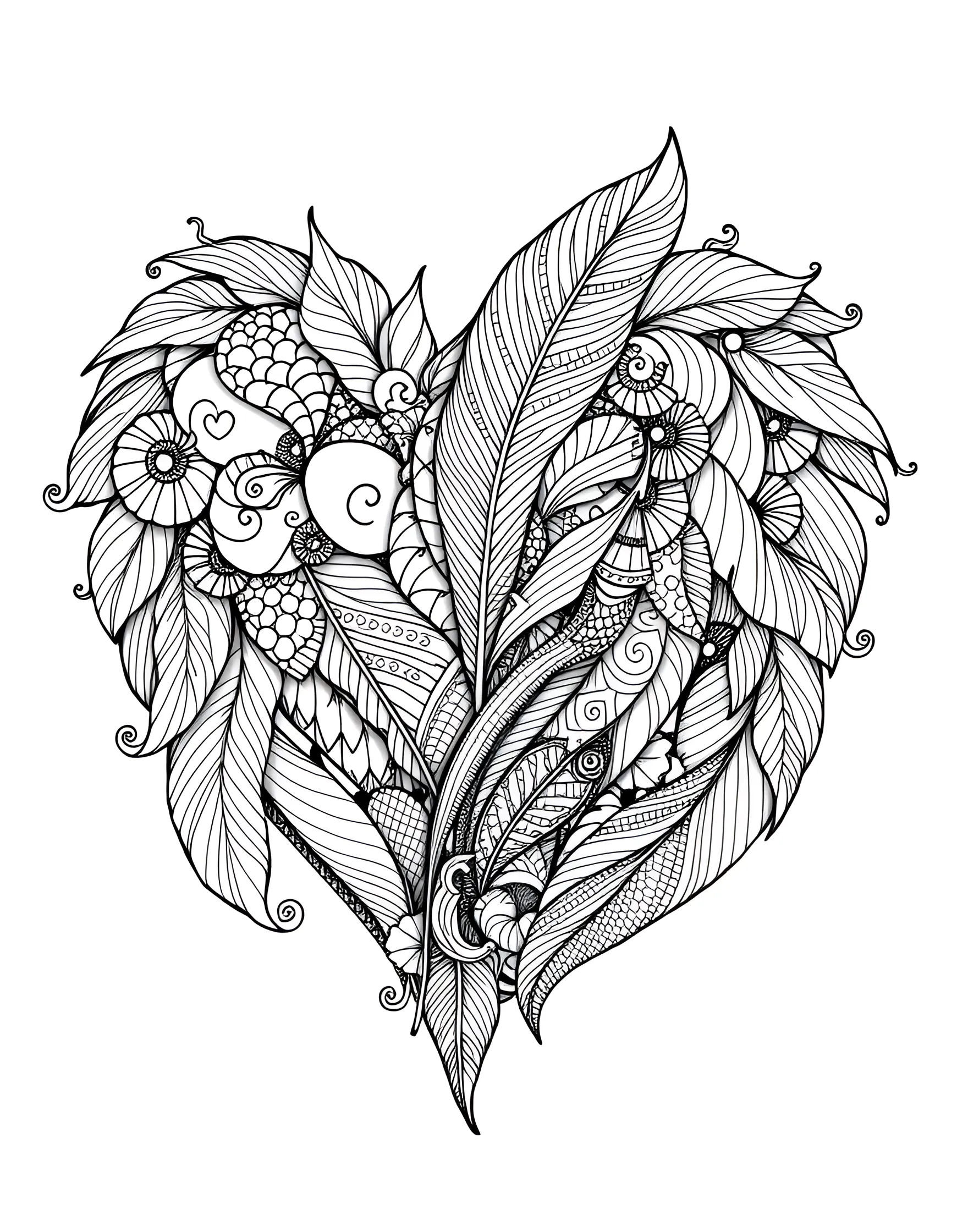 Zentangle Feather Heart Coloring Page -- prompt: "A heart made up of zentangle-style feathers, each filled with unique patterns and designs." -- This intricate coloring page features a heart composed of beautifully detailed zentangle-style feathers. Each feather is filled with unique patterns and designs, creating a rich, textured appearance. This page offers a soothing and meditative coloring experience, perfect for those who appreciate the delicacy of feathers and the intricacy of zentangle art.