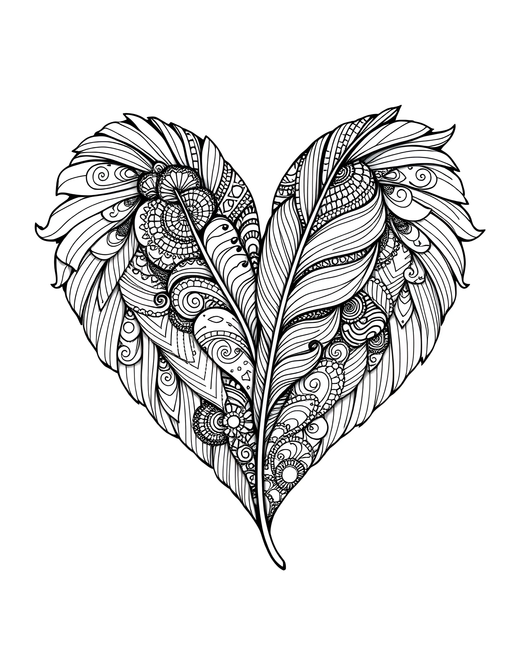 Zentangle Feather Heart Coloring Page -- prompt: "A heart made up of zentangle-style feathers, each filled with unique patterns and designs." -- This intricate coloring page features a heart composed of beautifully detailed zentangle-style feathers. Each feather is filled with unique patterns and designs, creating a rich, textured appearance. This page offers a soothing and meditative coloring experience, perfect for those who appreciate the delicacy of feathers and the intricacy of zentangle art.