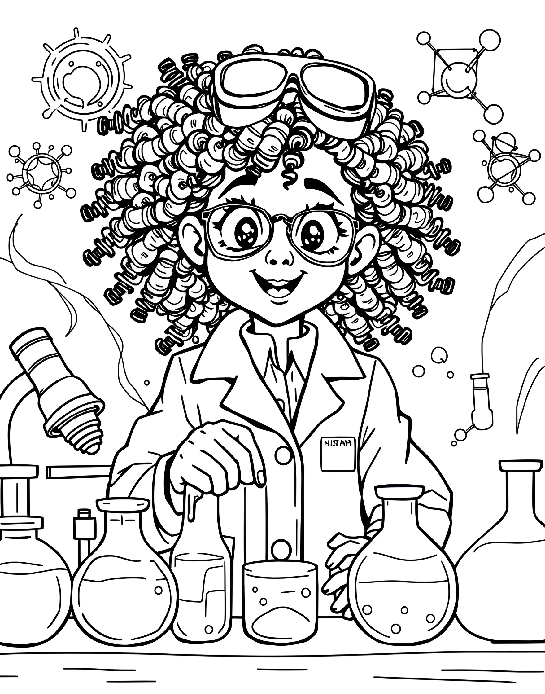 Girl Scientist in Laboratory Coloring Page -- prompt: "A girl wearing a lab coat and safety goggles, conducting an experiment in a laboratory filled with scientific equipment." -- Encourage girls to explore STEM with this engaging coloring page of a young scientist in her laboratory. The girl wears a lab coat and safety goggles while conducting an experiment. Surrounded by beakers, test tubes, and a microscope, this page offers plenty of details to color and spark curiosity about science.