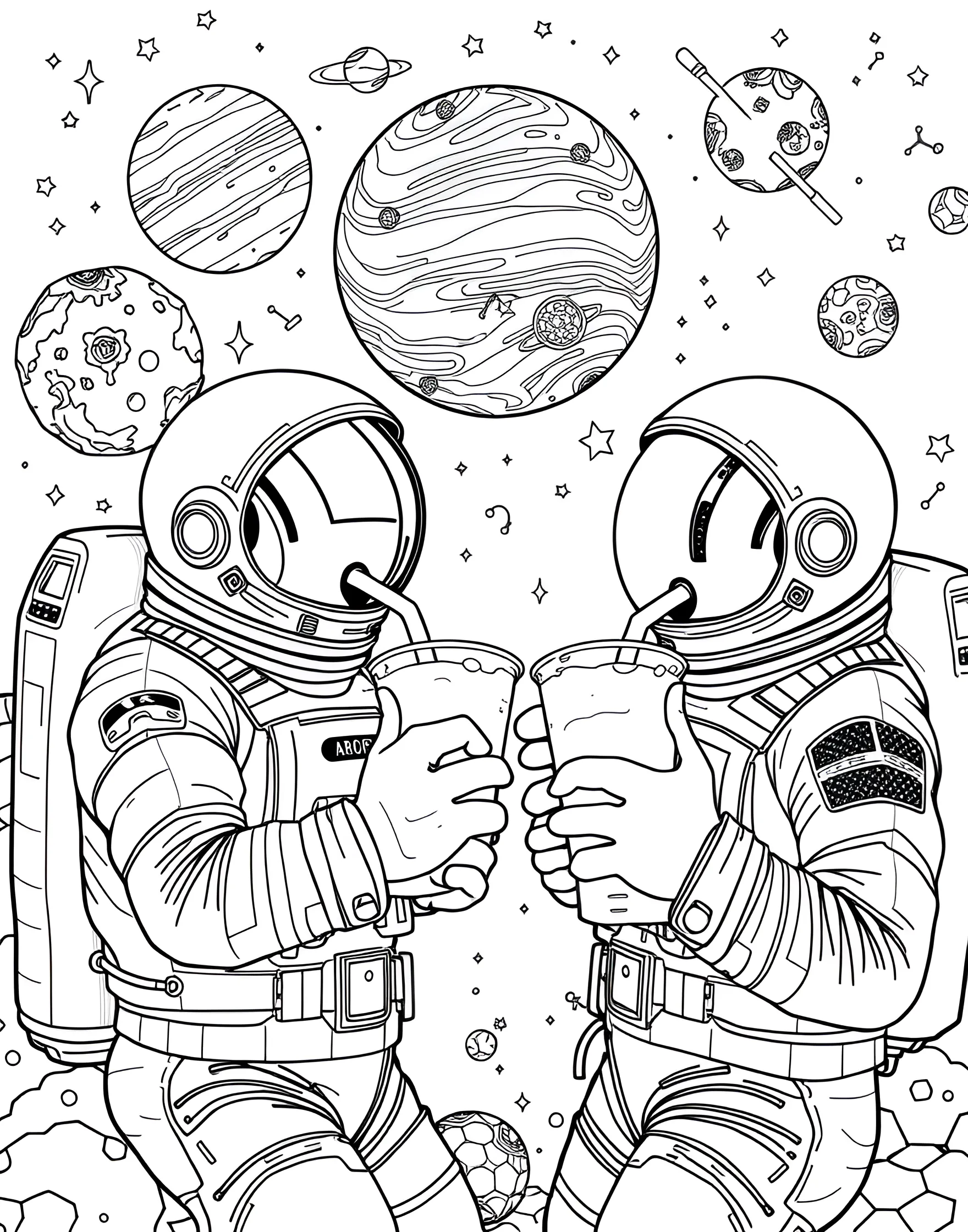 Boba Drink Space Adventure Coloring Page -- prompt: "Astronauts in space drinking boba through special straws, with planets that look like giant boba drinks." -- Blast off into a boba-filled space adventure with this out-of-this-world coloring page. The scene depicts astronauts floating in space, sipping boba through special space-suit straws. Planets in the background are designed to look like giant boba drinks, creating a cosmic boba paradise.