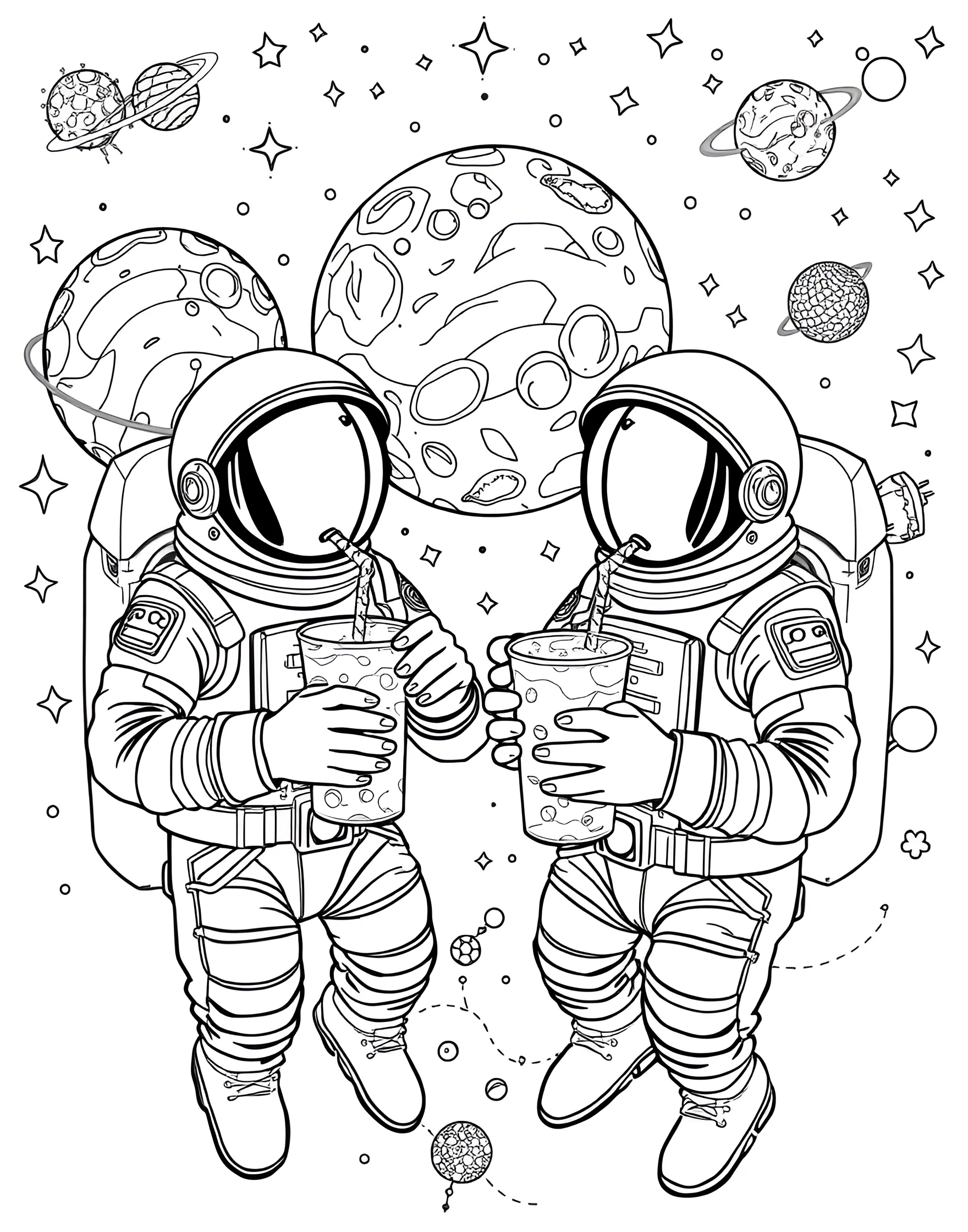 Boba Drink Space Adventure Coloring Page -- prompt: "Astronauts in space drinking boba through special straws, with planets that look like giant boba drinks." -- Blast off into a boba-filled space adventure with this out-of-this-world coloring page. The scene depicts astronauts floating in space, sipping boba through special space-suit straws. Planets in the background are designed to look like giant boba drinks, creating a cosmic boba paradise.